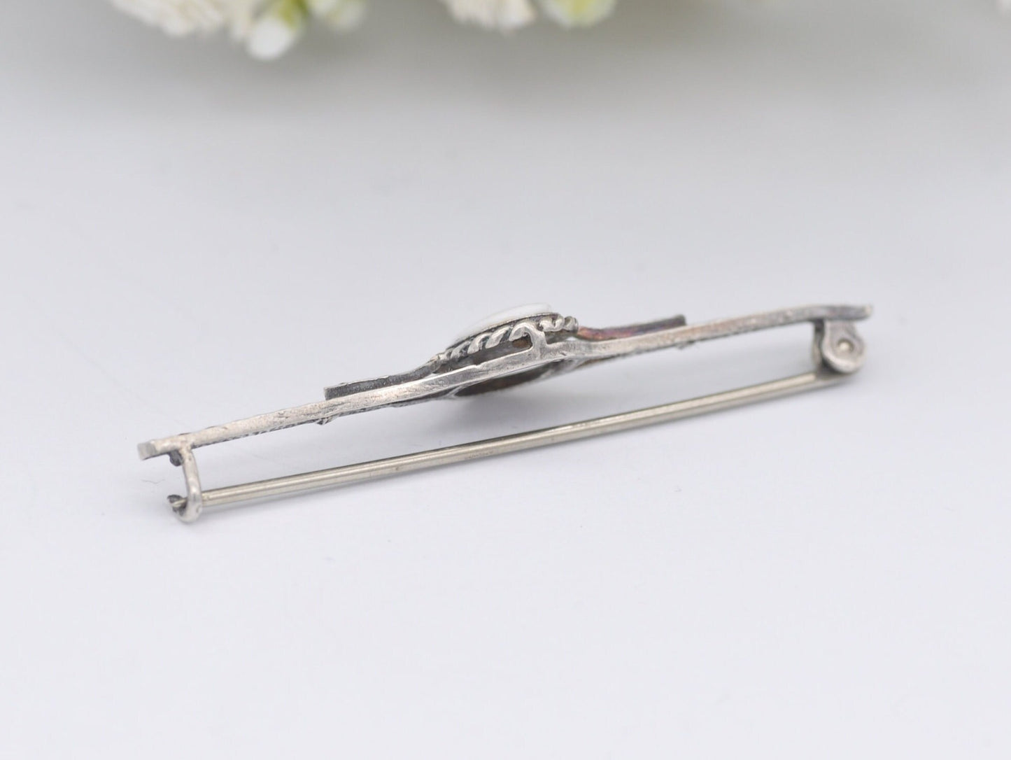 Vintage Silver and Ceramic Flower Bar Brooch - Statement / Pin / Floral / Detailed / Etched / Patterned