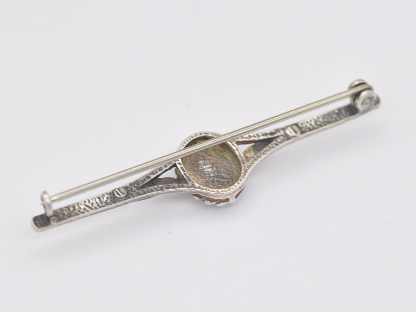 Vintage Silver and Ceramic Flower Bar Brooch - Statement / Pin / Floral / Detailed / Etched / Patterned