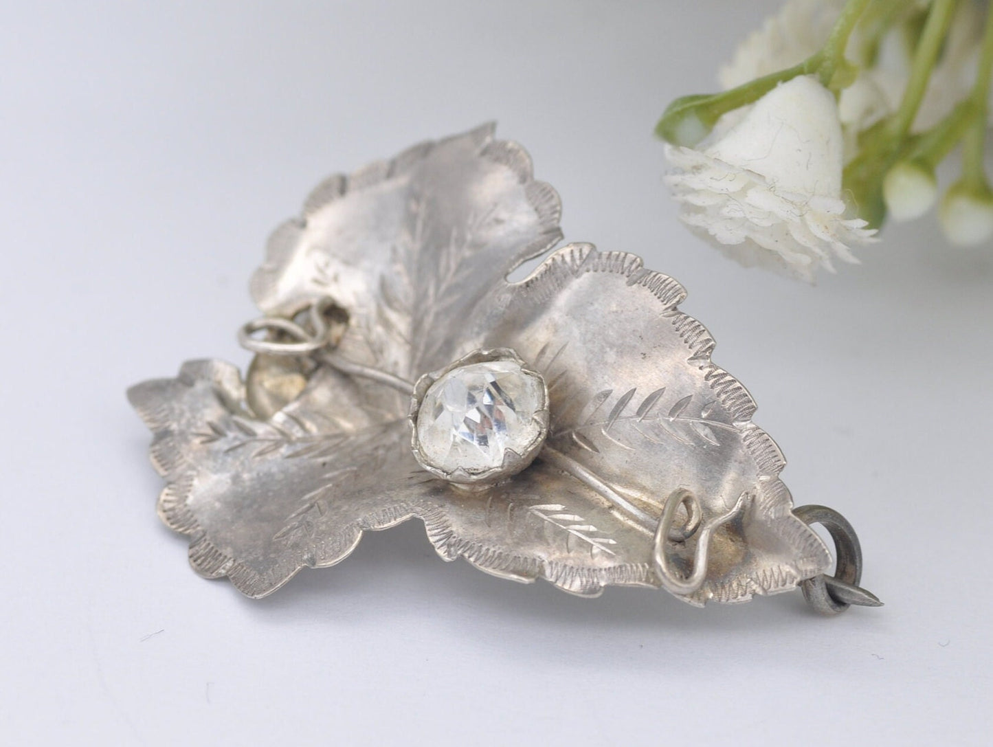 Vintage Silver and Paste Leaf Brooch by A.J.S - Foliate Design / Etching / Floral / Detailed / Patterned / Pin