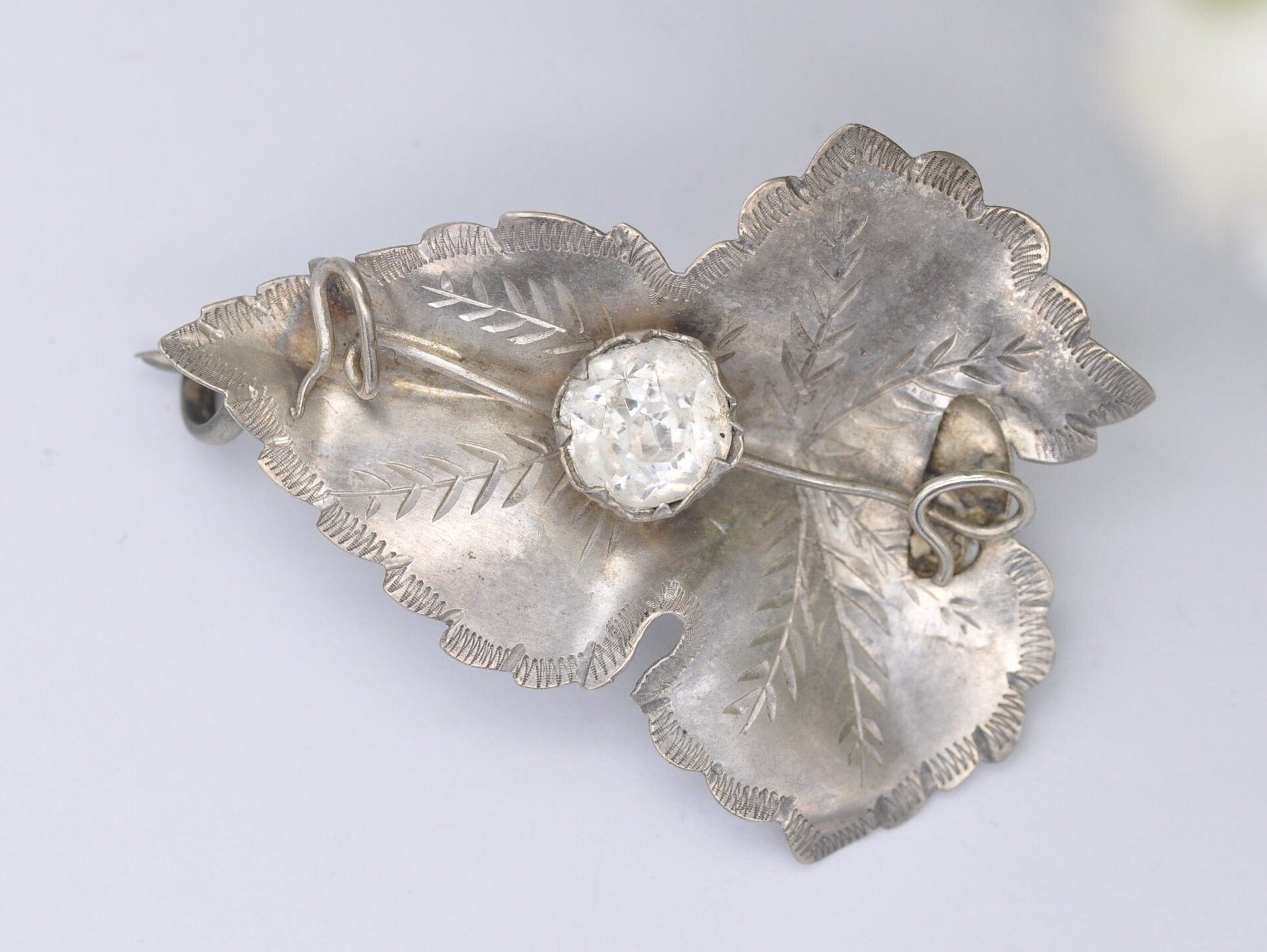 Vintage Silver and Paste Leaf Brooch by A.J.S - Foliate Design / Etching / Floral / Detailed / Patterned / Pin