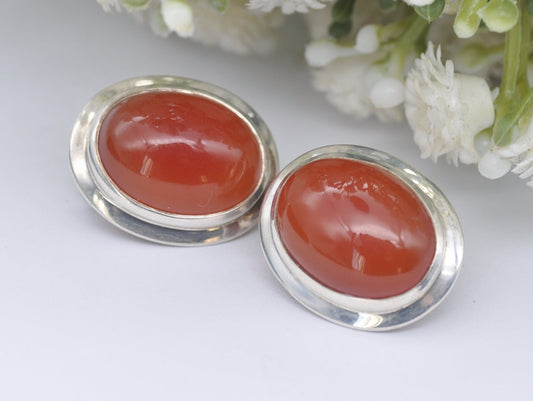 Vintage Sterling Silver Carnelian Clip-On Earrings - Clip On / Red Stone / Statement / Elegant / Oval / Mid-Century