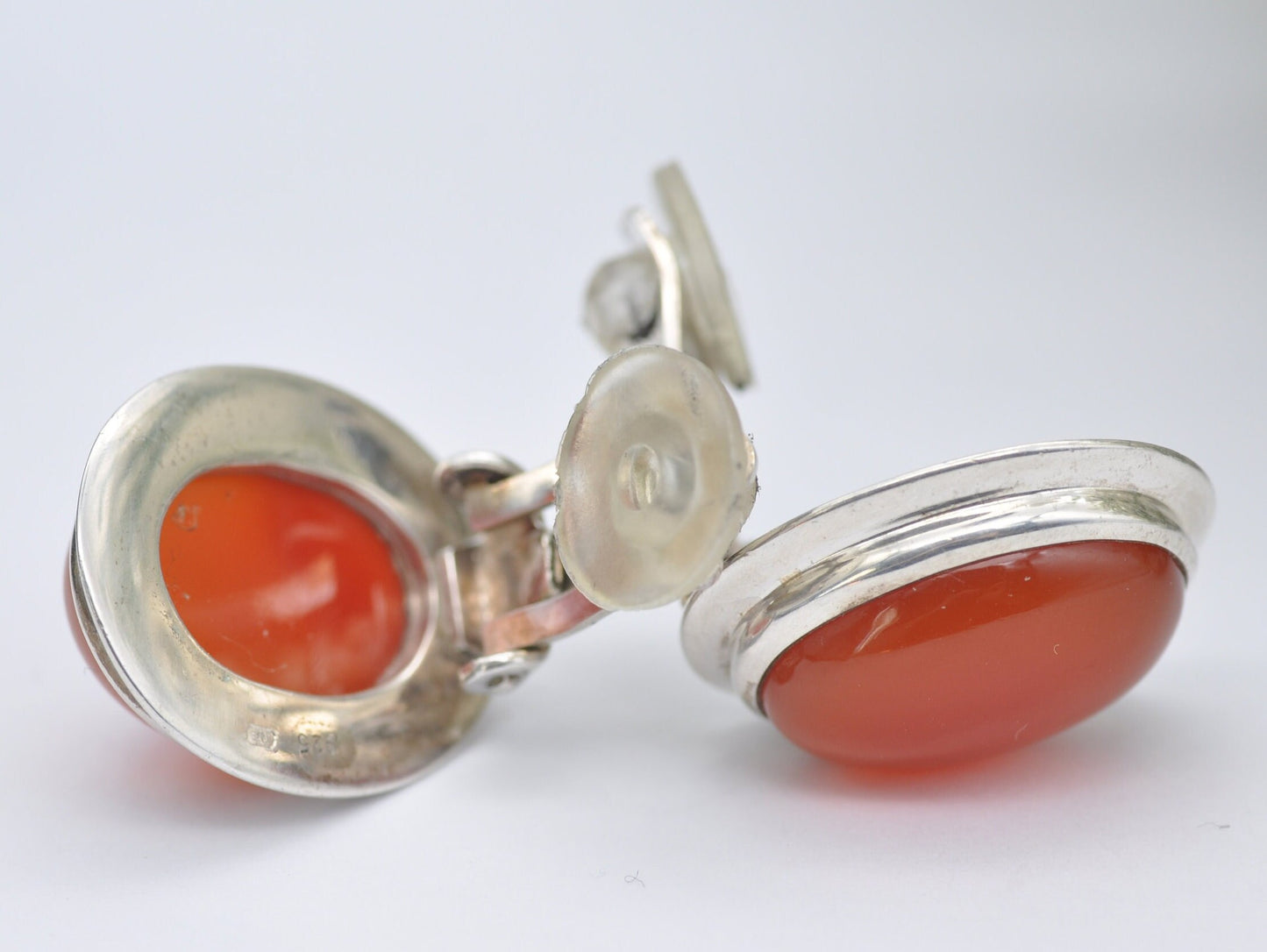 Vintage Sterling Silver Carnelian Clip-On Earrings - Clip On / Red Stone / Statement / Elegant / Oval / Mid-Century