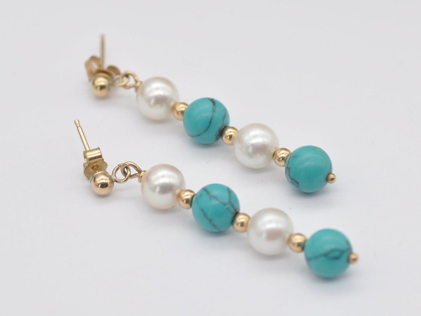 Vintage 9ct Gold, Faux Turquoise and Pearl Drop Earrings - Push Back / Dangle / 9K Gold / 375 / Solid Gold / Bead / Statement / Elegant