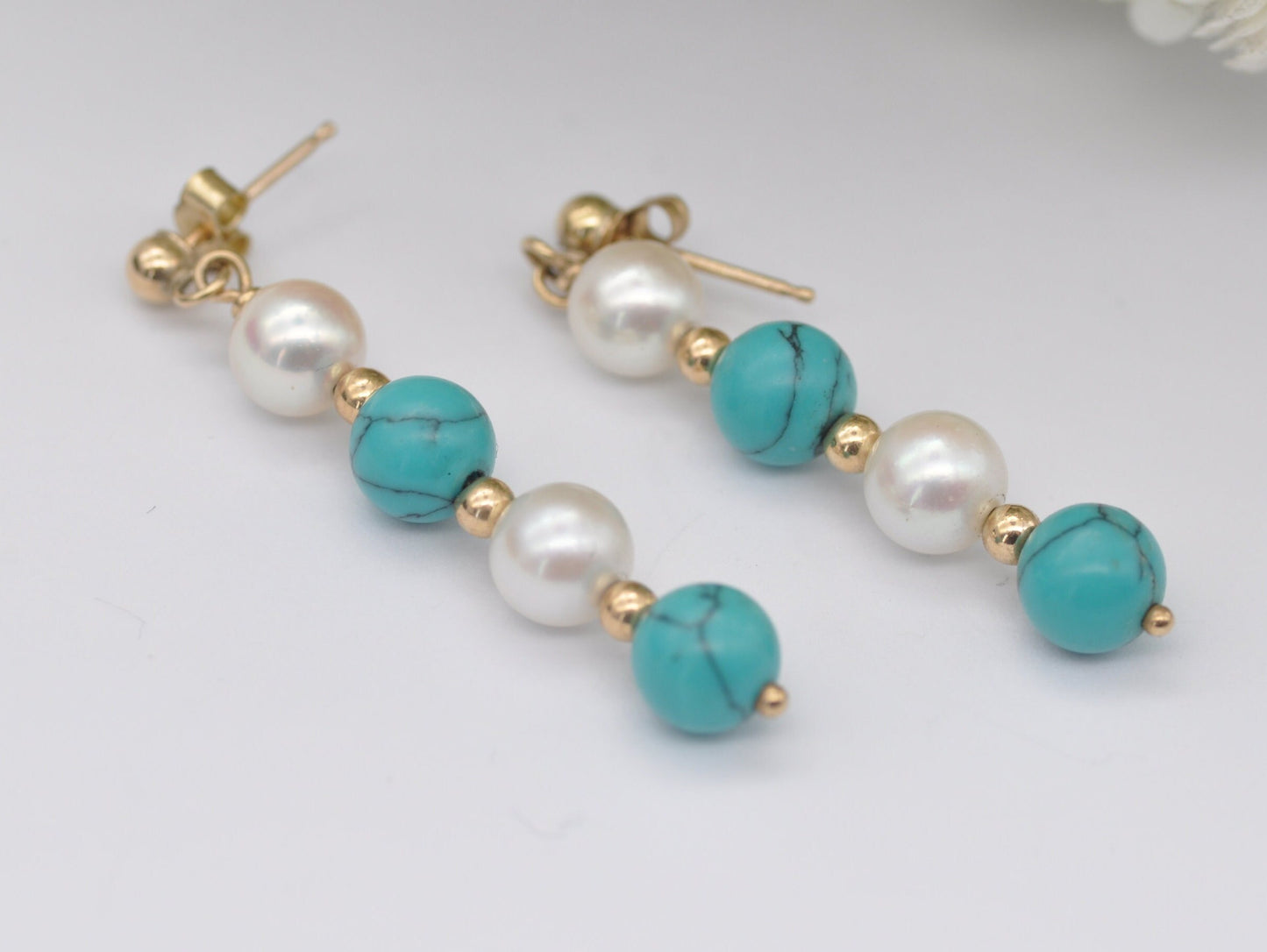 Vintage 9ct Gold, Faux Turquoise and Pearl Drop Earrings - Push Back / Dangle / 9K Gold / 375 / Solid Gold / Bead / Statement / Elegant