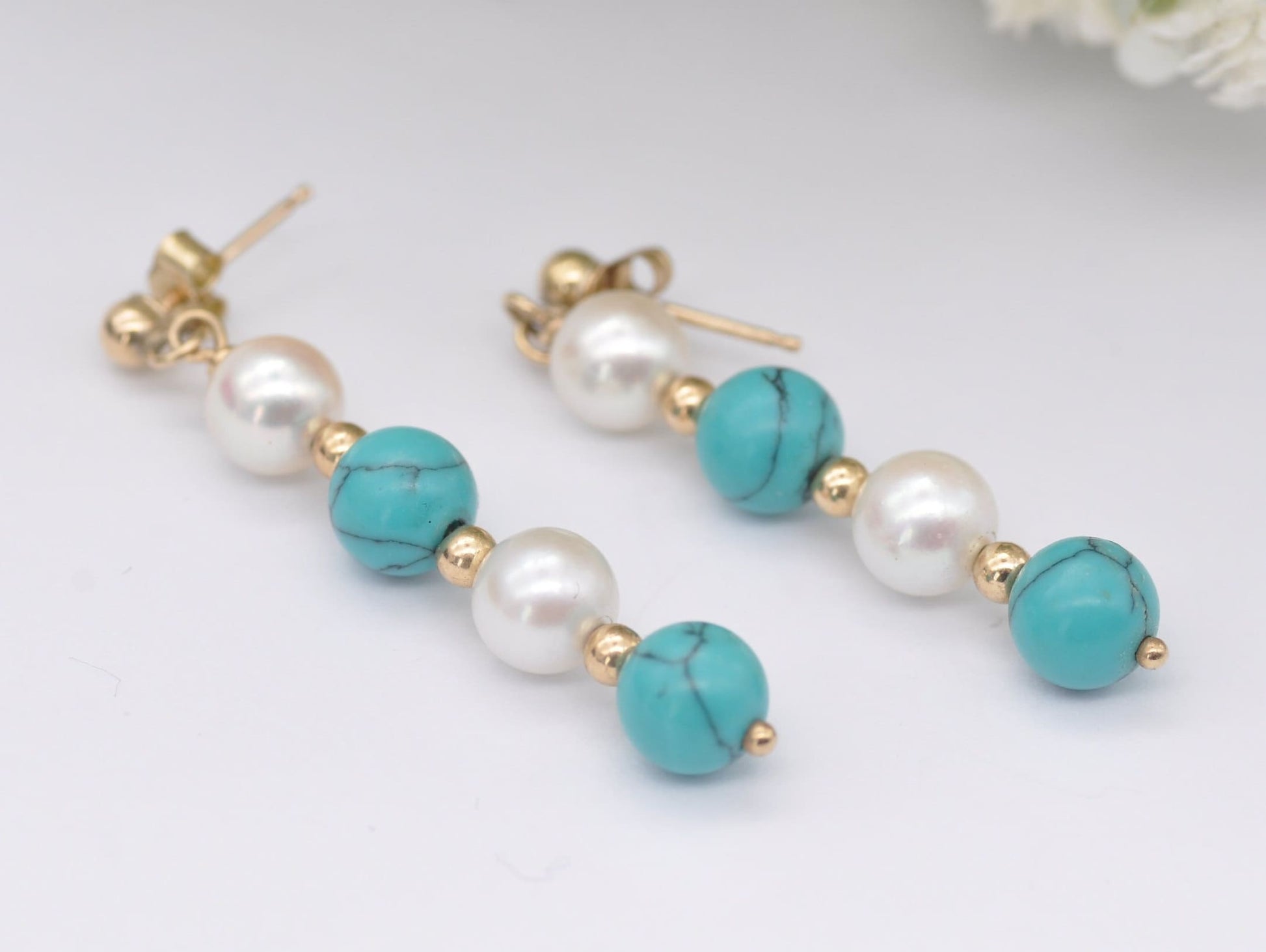 Vintage 9ct Gold, Faux Turquoise and Pearl Drop Earrings - Push Back / Dangle / 9K Gold / 375 / Solid Gold / Bead / Statement / Elegant