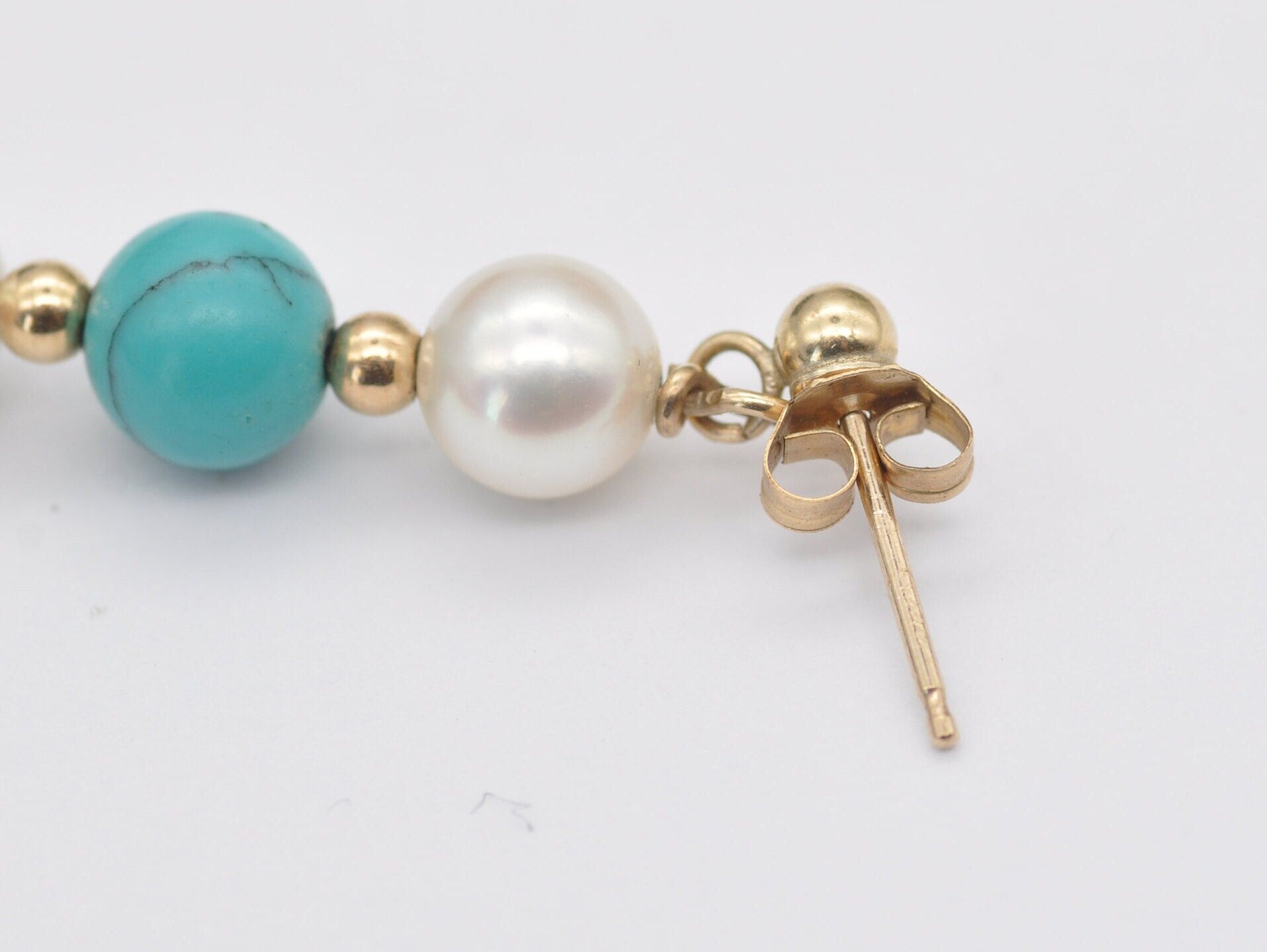 Vintage 9ct Gold, Faux Turquoise and Pearl Drop Earrings - Push Back / Dangle / 9K Gold / 375 / Solid Gold / Bead / Statement / Elegant