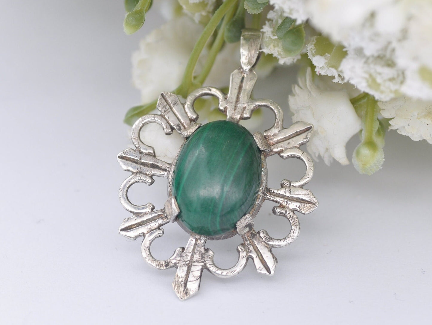 Vintage Sterling Silver and Malachite Celtic Pendant - Patterned / 1980s / 1981 / Green Stone / Mid-Century