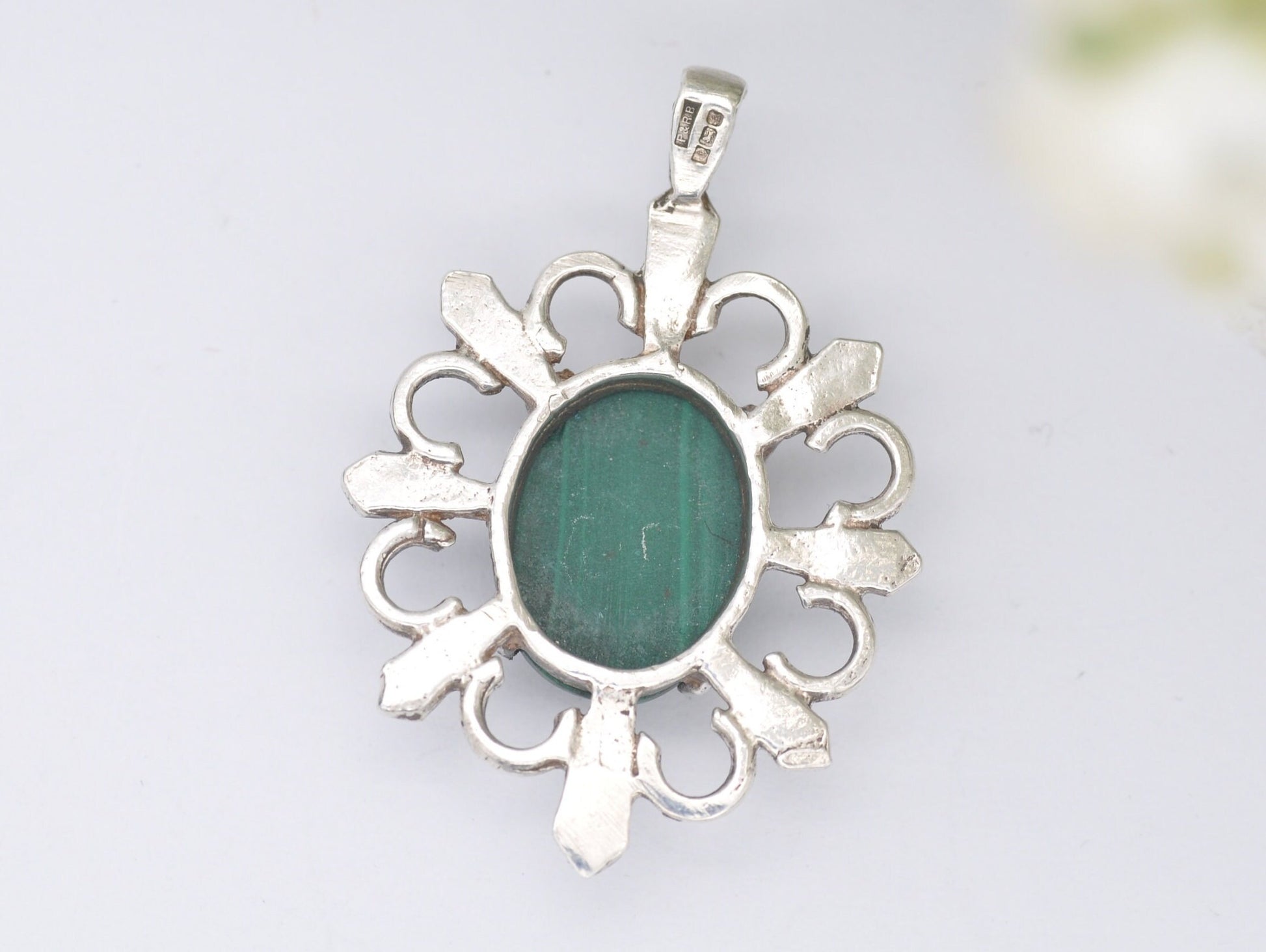 Vintage Sterling Silver and Malachite Celtic Pendant - Patterned / 1980s / 1981 / Green Stone / Mid-Century