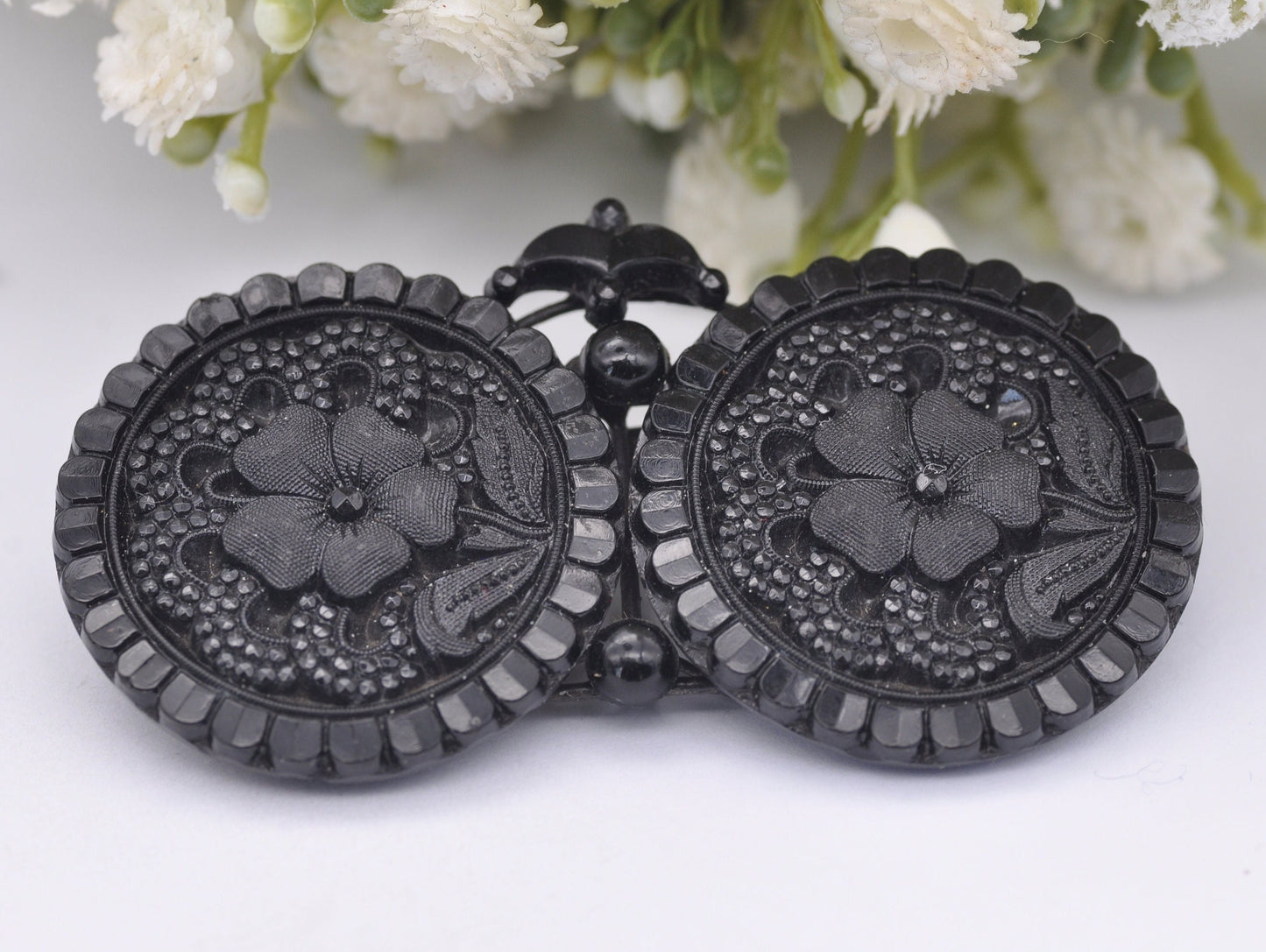 Antique French Jet Glass Button Brooch - Floral / Flowers / Victorian / Pin / Detailed / Collectors / Black