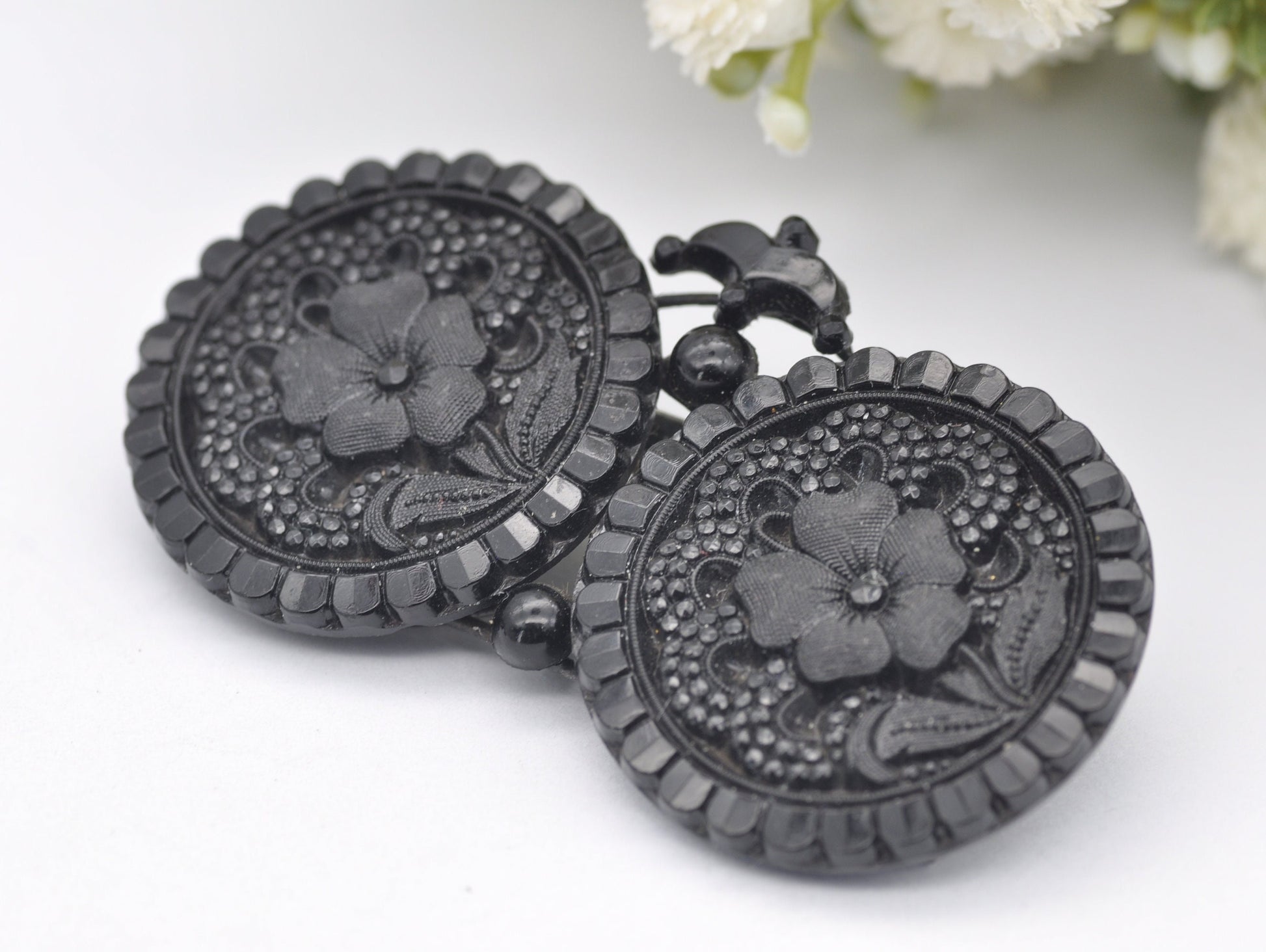 Antique French Jet Glass Button Brooch - Floral / Flowers / Victorian / Pin / Detailed / Collectors / Black