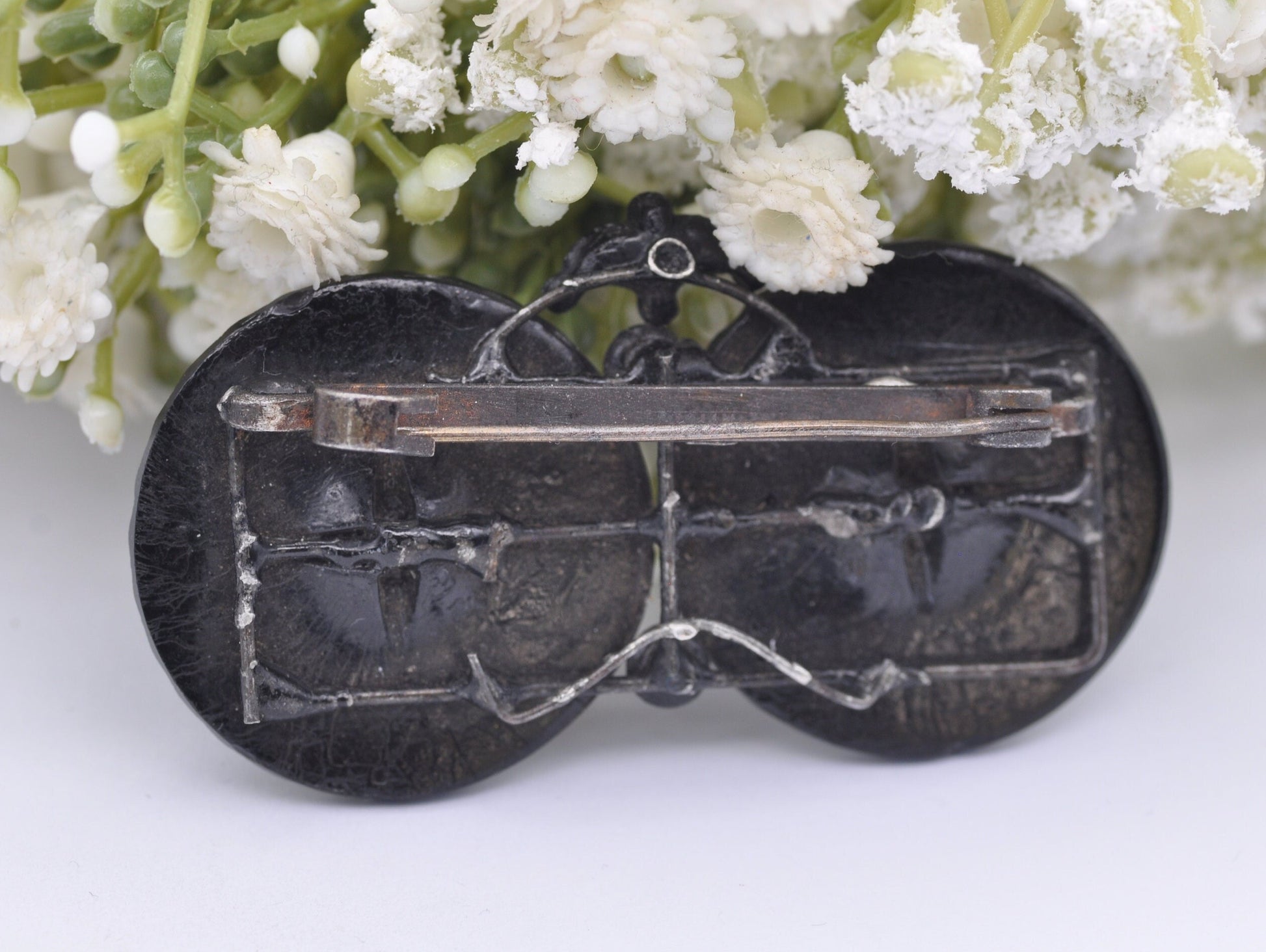 Antique French Jet Glass Button Brooch - Floral / Flowers / Victorian / Pin / Detailed / Collectors / Black