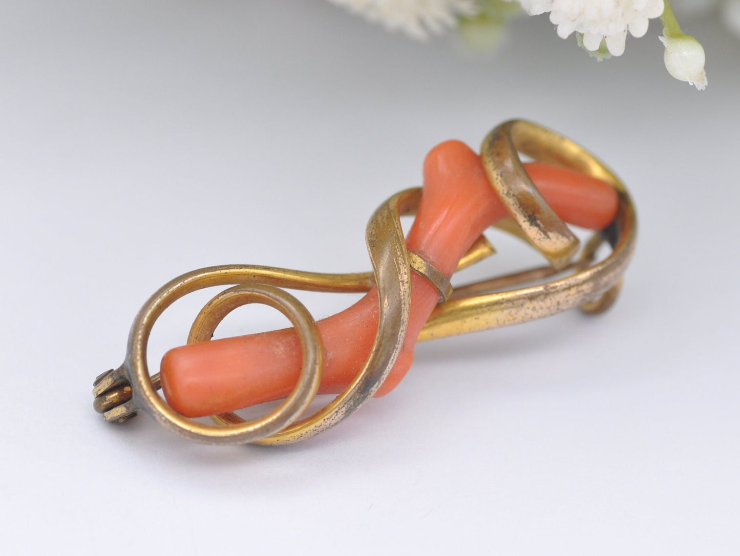 Antique Rolled Gold and Coral Brooch - Pin / Elegant / Interesting / Unique / Nature