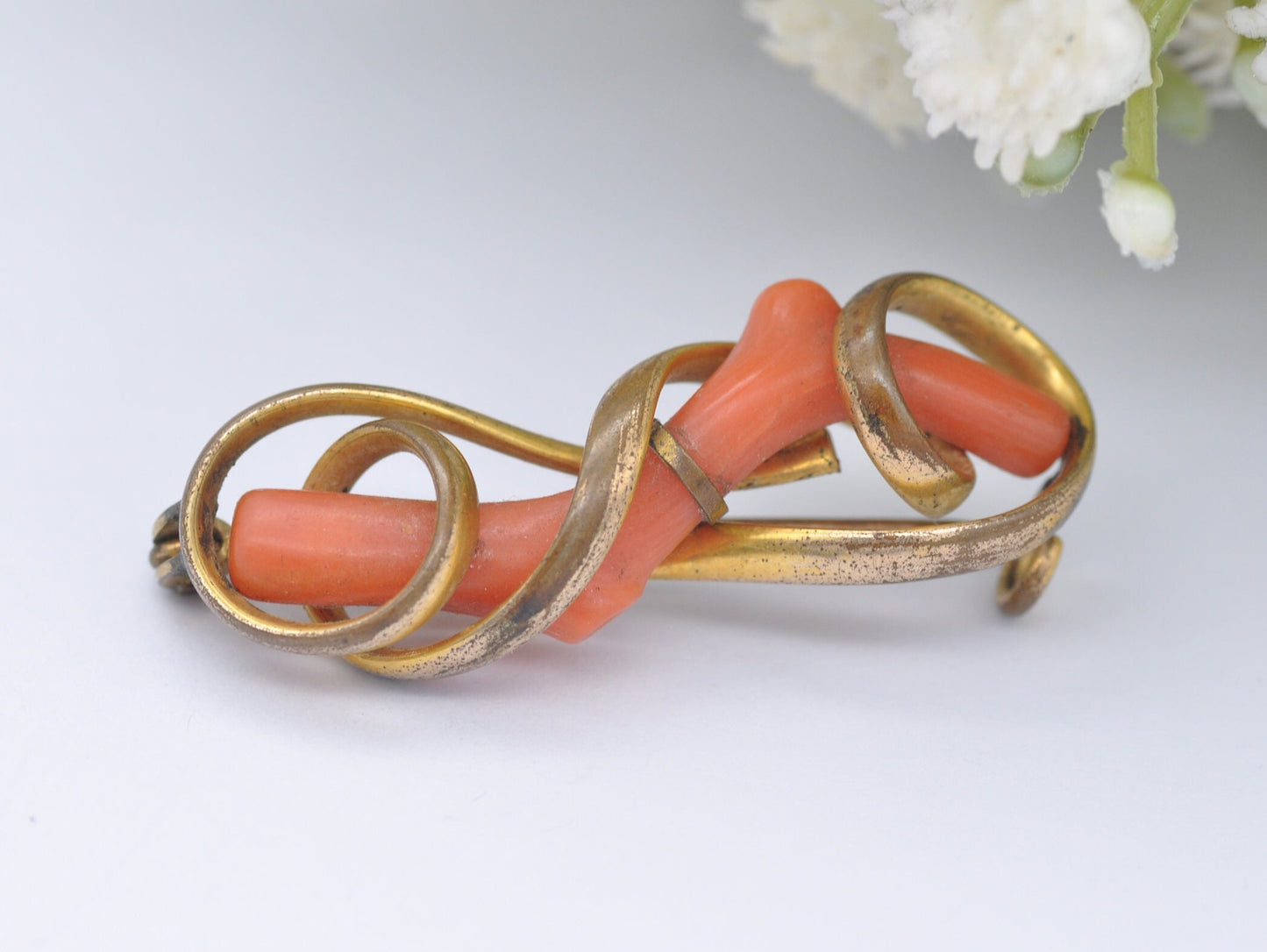 Antique Rolled Gold and Coral Brooch - Pin / Elegant / Interesting / Unique / Nature