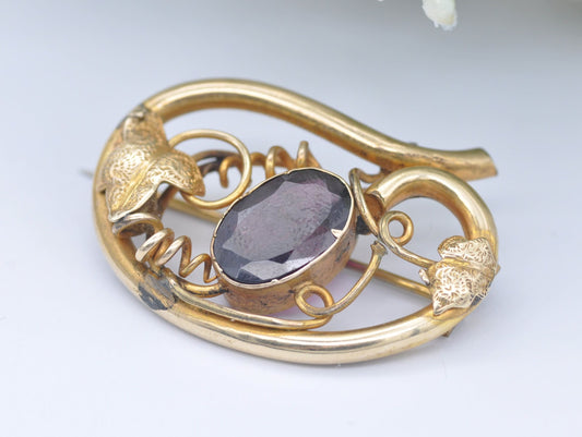 Antique Rolled Gold and Purple Stone Brooch - Pin / Floral / Foliate / Elegant / Interesting / Unique / Leaf / Nature