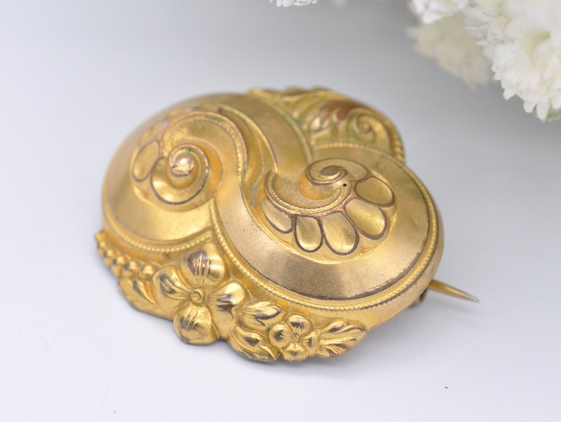 Antique Gold Gilt Aesthetic Movement Brooch - Victorian / Swirling / Interesting / Floral / Flower