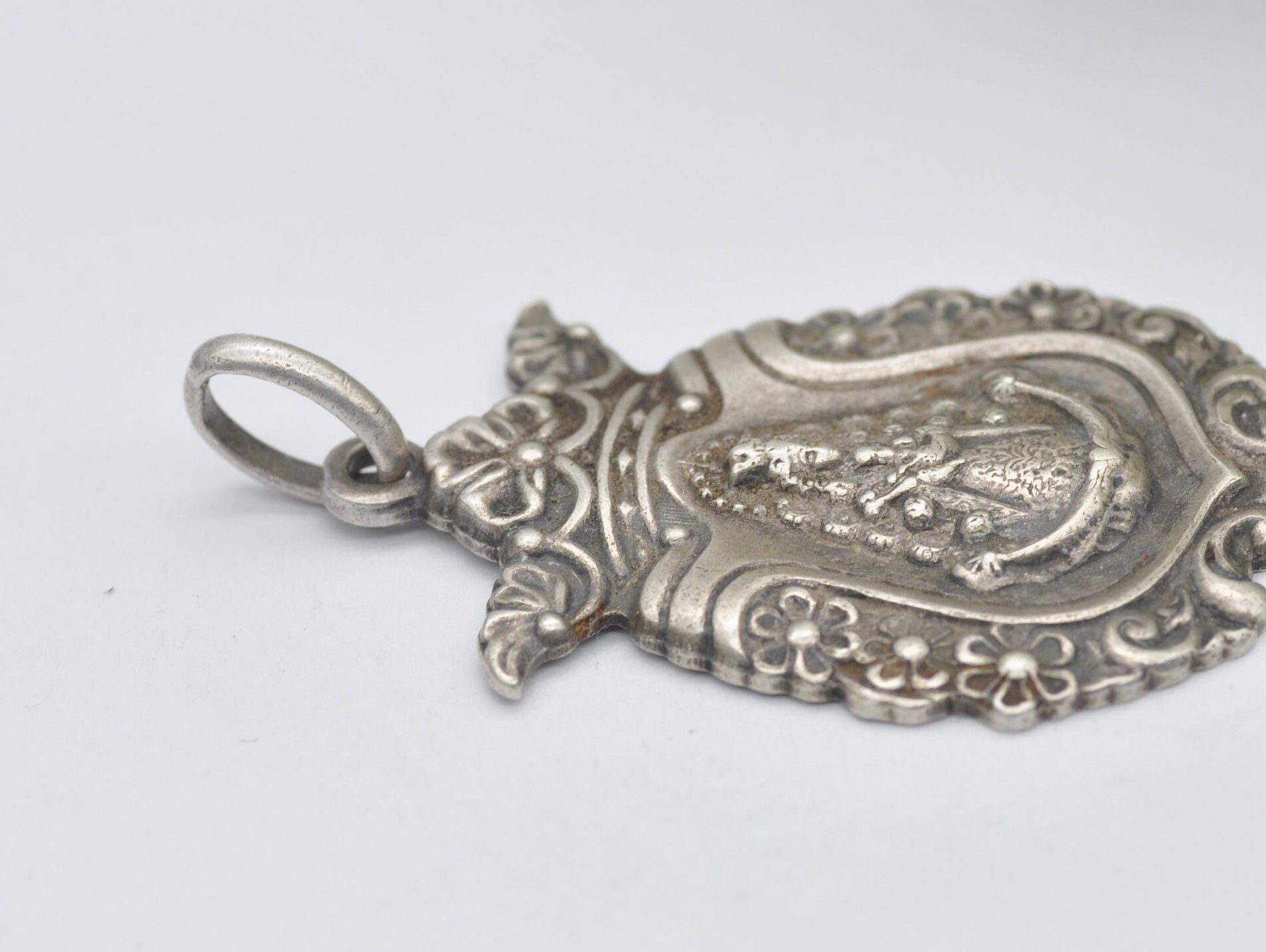 Vintage Spanish Silver Art Nouveau Virgin Mary and Baby Jesus Pendant - Floral / Detailed / Catholic / Cross / Crown / Sceptre