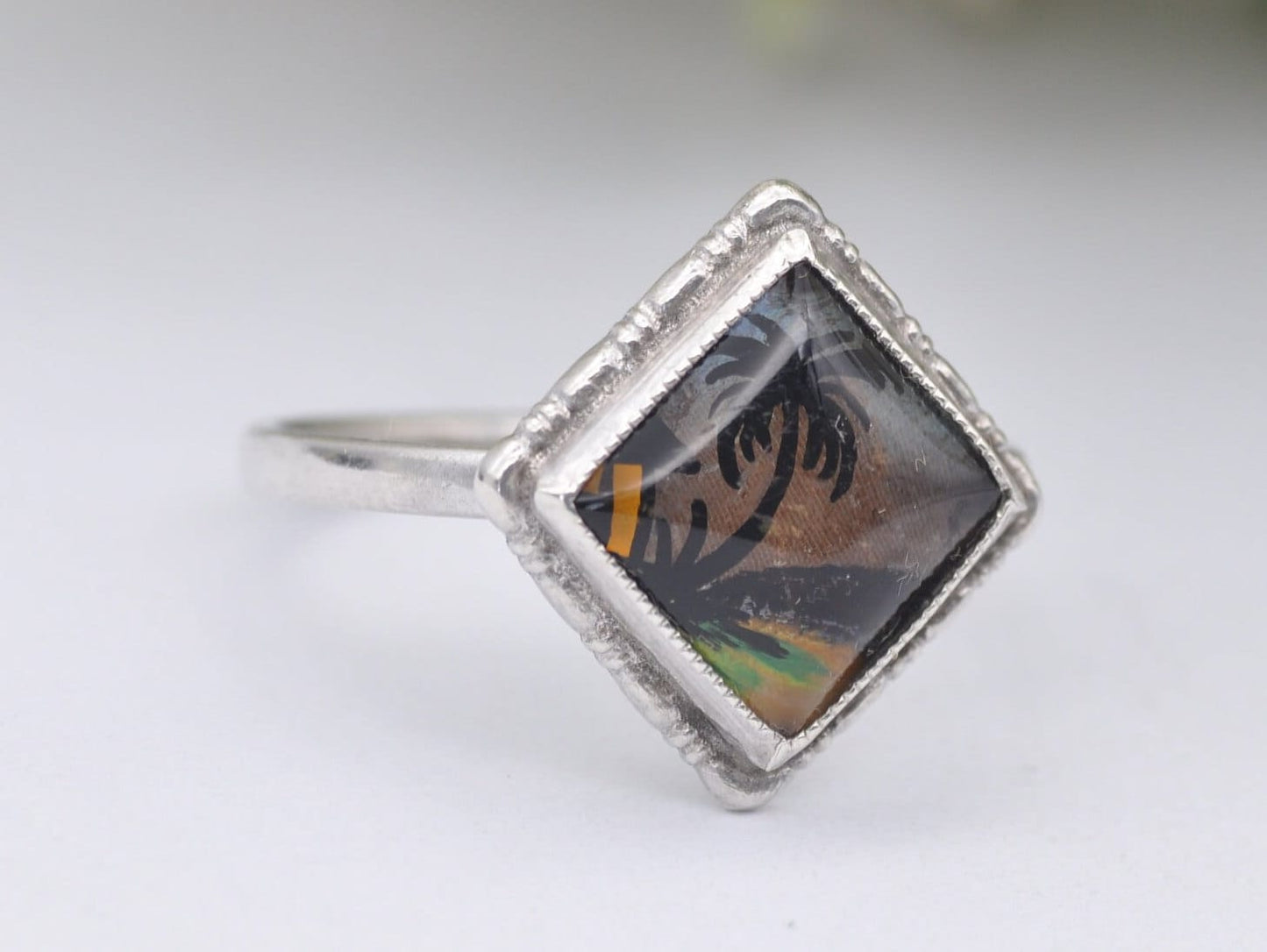 Vintage Sterling Silver TLM Butterfly Wing Ring - Thomas L Mott / Tropical Scene / Detailed / Statement / UK Size - O 1/2 / US Size - 7 1/2