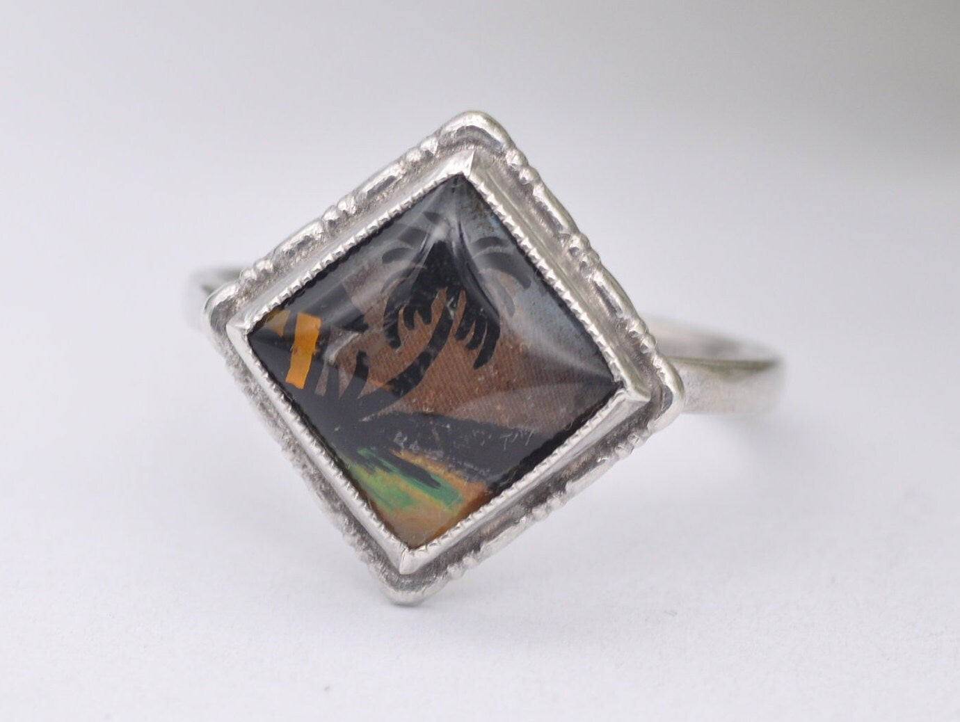 Vintage Sterling Silver TLM Butterfly Wing Ring - Thomas L Mott / Tropical Scene / Detailed / Statement / UK Size - O 1/2 / US Size - 7 1/2