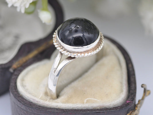 Vintage Sterling Silver and Onyx Solitaire Ring - Statement / Circle / Rope / Detailed / Black / Gift / 925 / UK Size - N 1/2 / US Size - 7