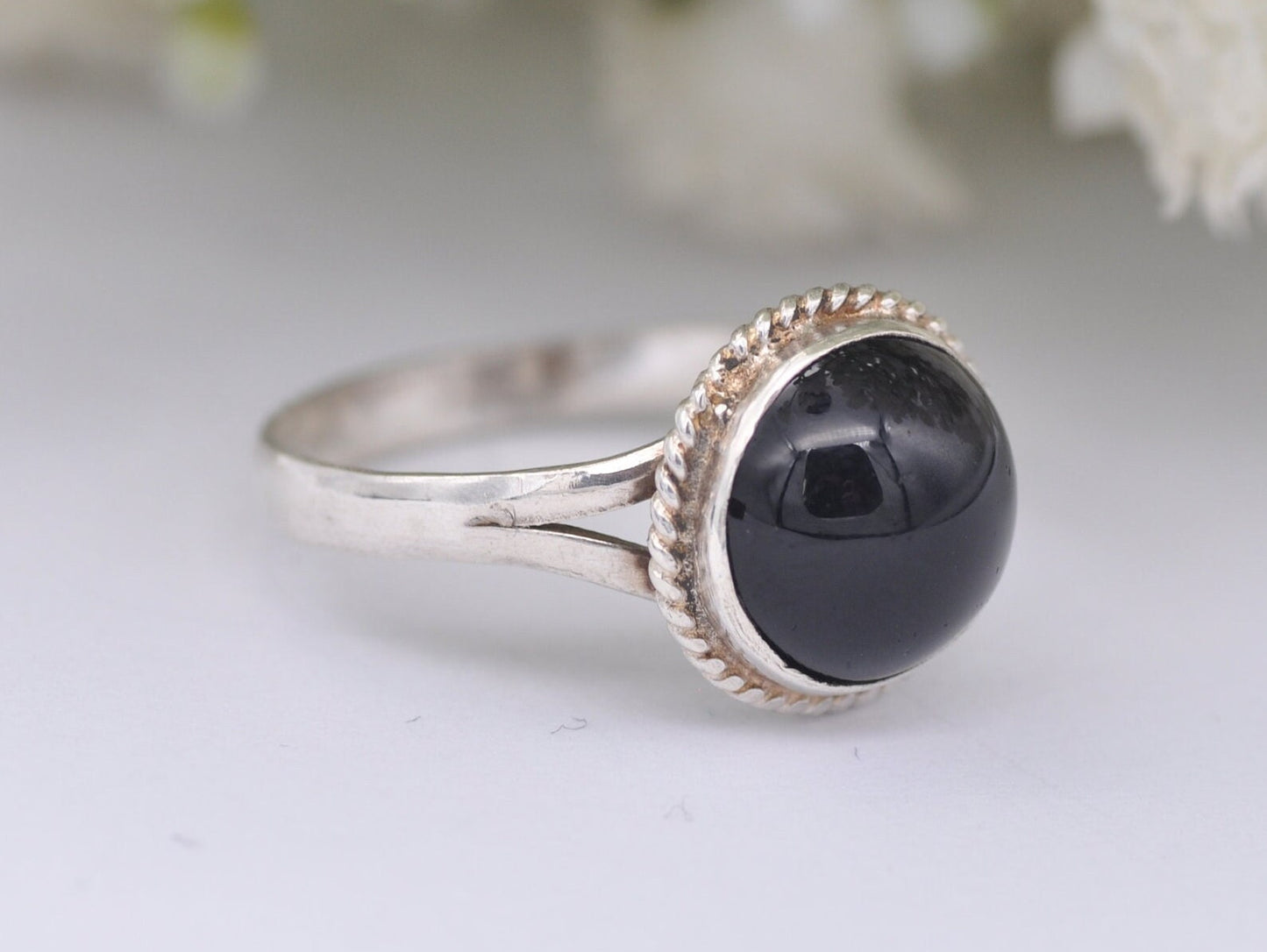 Vintage Sterling Silver and Onyx Solitaire Ring - Statement / Circle / Rope / Detailed / Black / Gift / 925 / UK Size - N 1/2 / US Size - 7