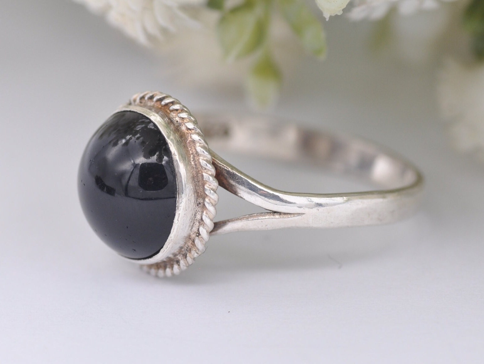 Vintage Sterling Silver and Onyx Solitaire Ring - Statement / Circle / Rope / Detailed / Black / Gift / 925 / UK Size - N 1/2 / US Size - 7