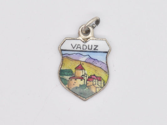 Vintage Silver Tone Vaduz Enamel Souvenir Shield Charm / Pendant - Liechtenstein / Capital / Tourist / Travel / Charm Bracelet / Scrap Book