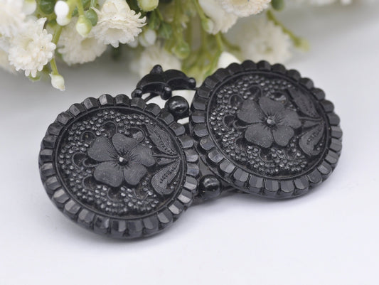 Antique French Jet Glass Button Brooch - Floral / Flowers / Victorian / Pin / Detailed / Collectors / Black