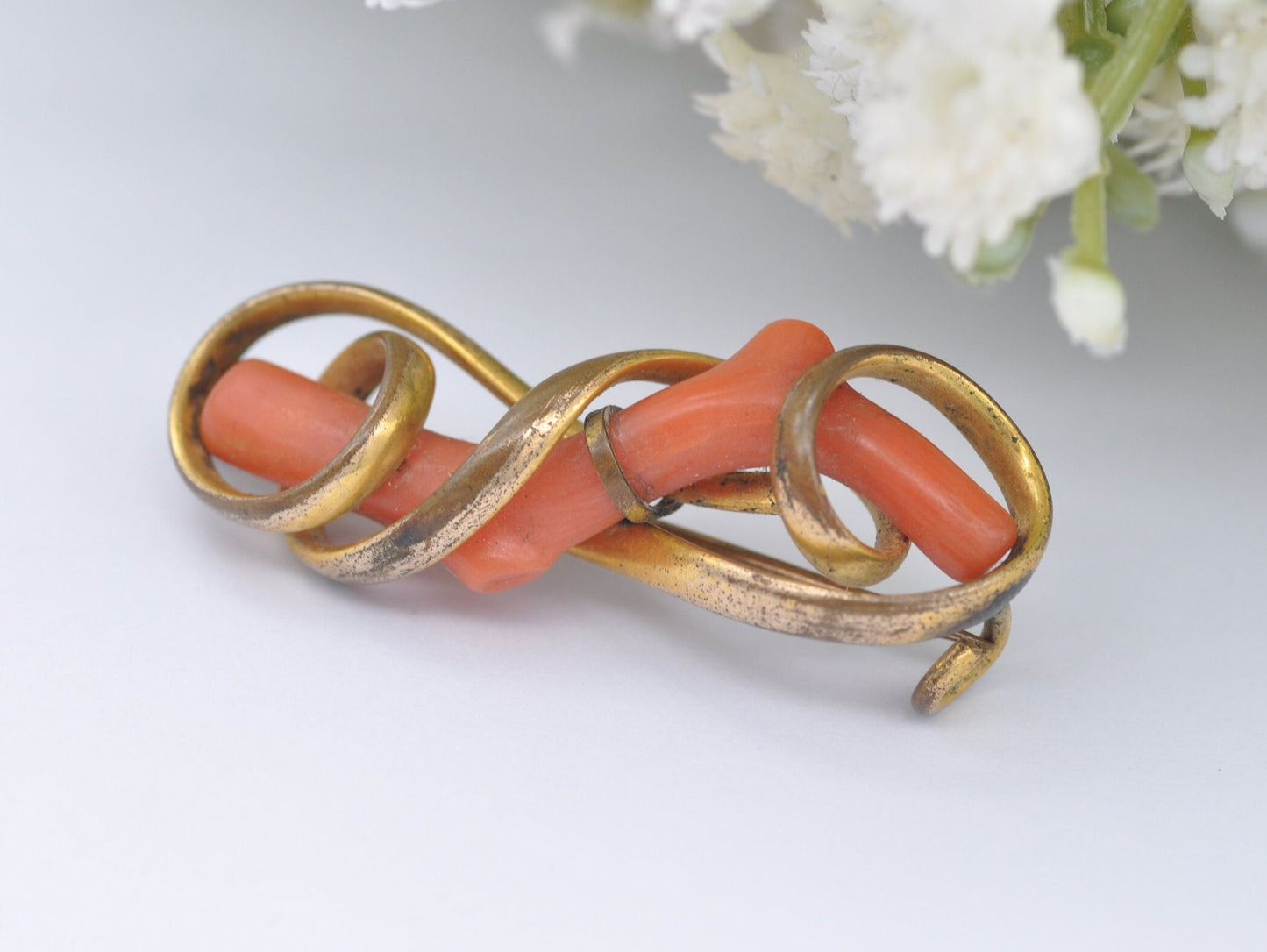 Antique Rolled Gold and Coral Brooch - Pin / Elegant / Interesting / Unique / Nature