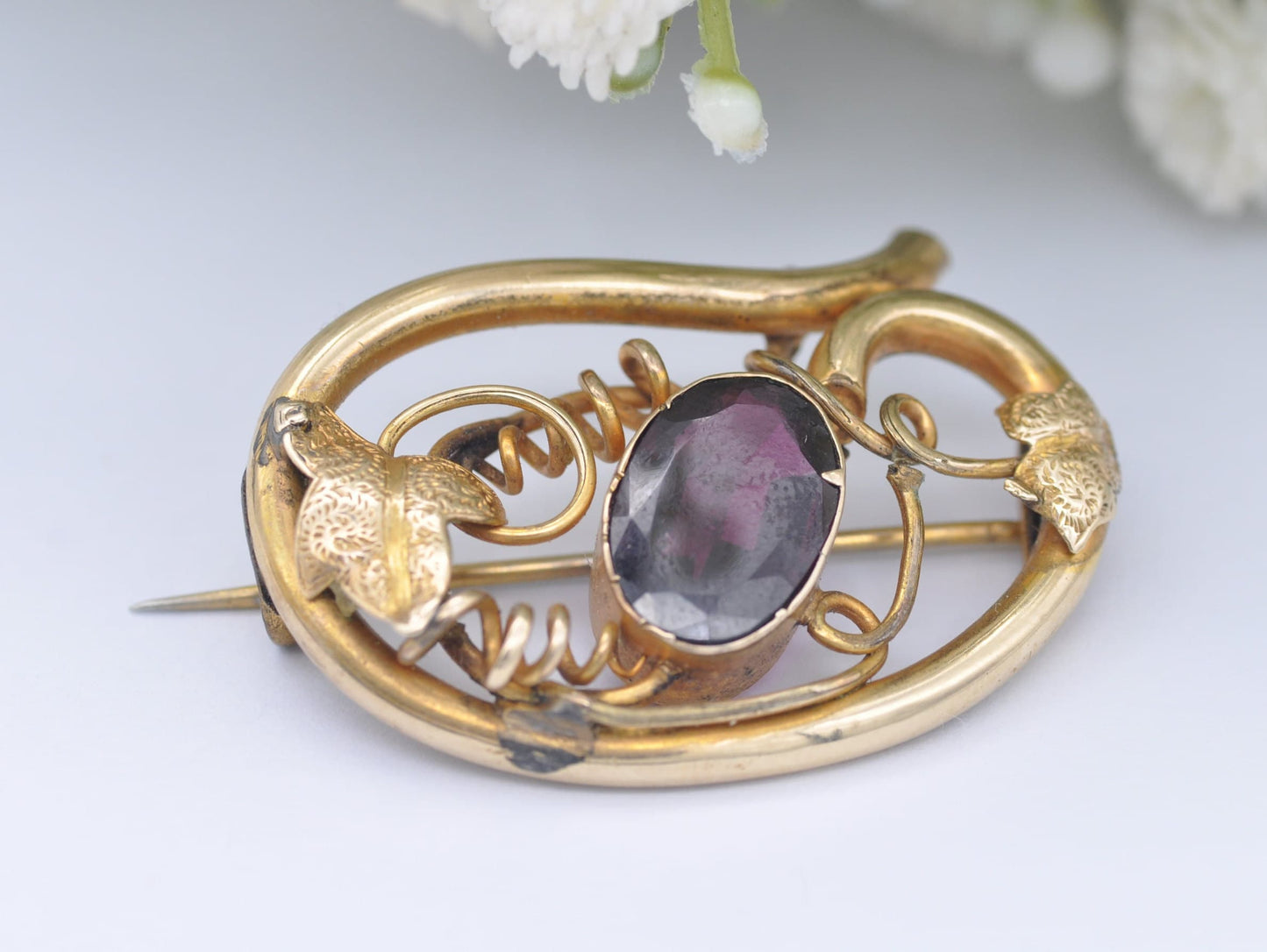 Antique Rolled Gold and Purple Stone Brooch - Pin / Floral / Foliate / Elegant / Interesting / Unique / Leaf / Nature