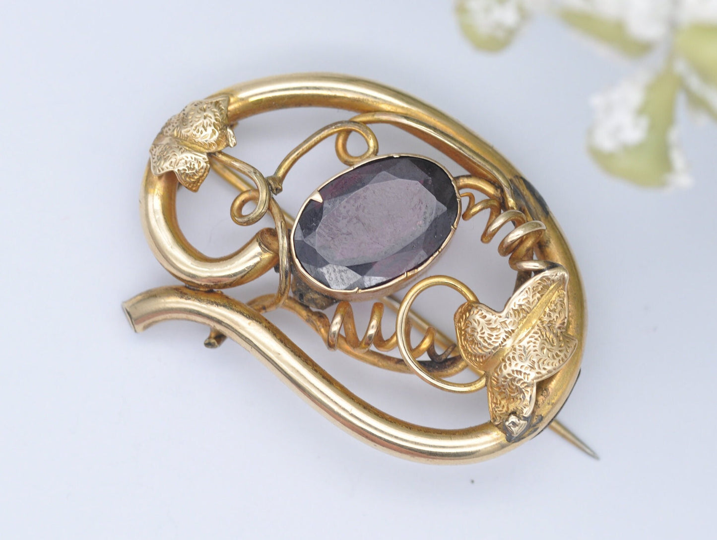 Antique Rolled Gold and Purple Stone Brooch - Pin / Floral / Foliate / Elegant / Interesting / Unique / Leaf / Nature