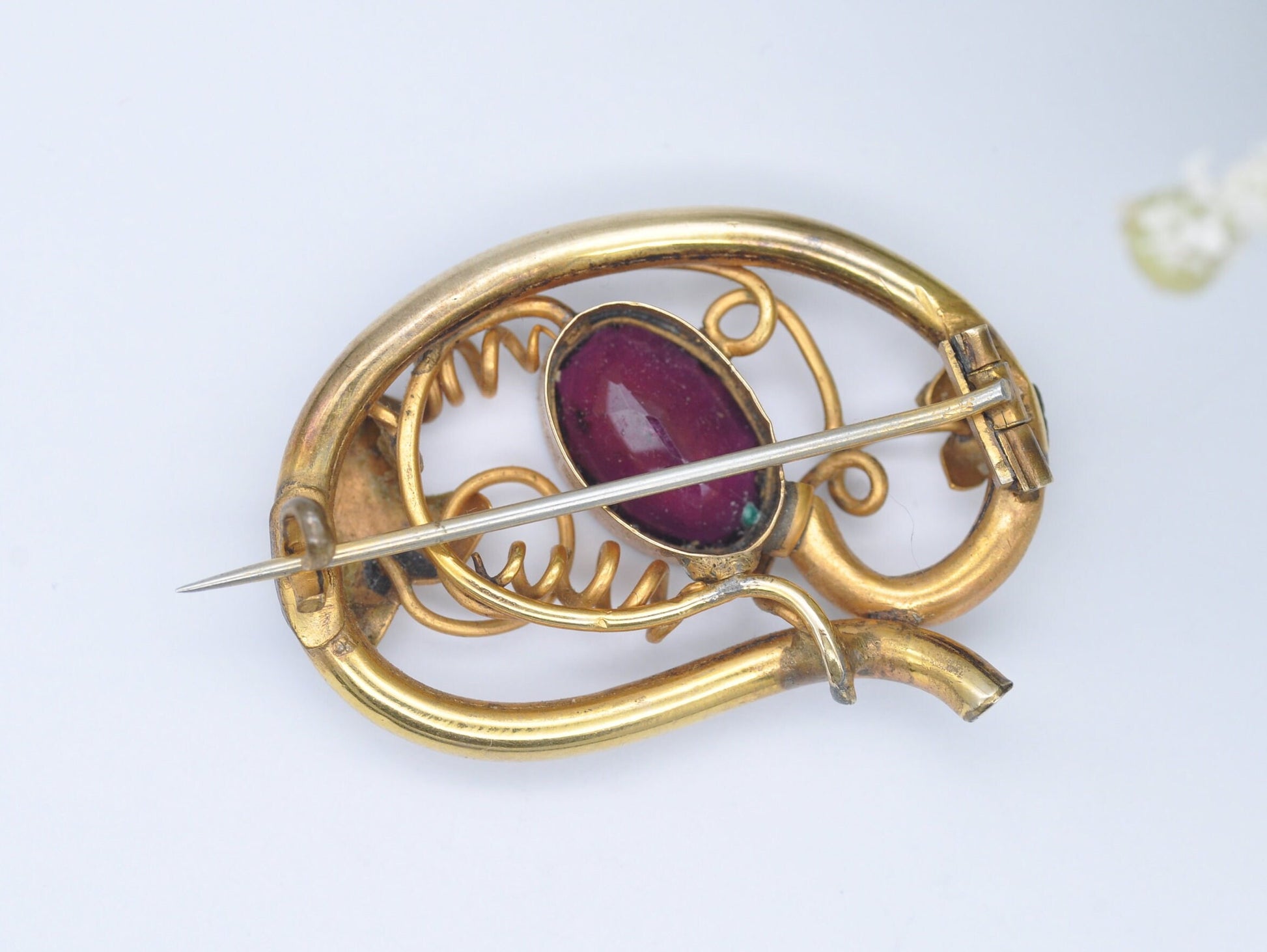 Antique Rolled Gold and Purple Stone Brooch - Pin / Floral / Foliate / Elegant / Interesting / Unique / Leaf / Nature