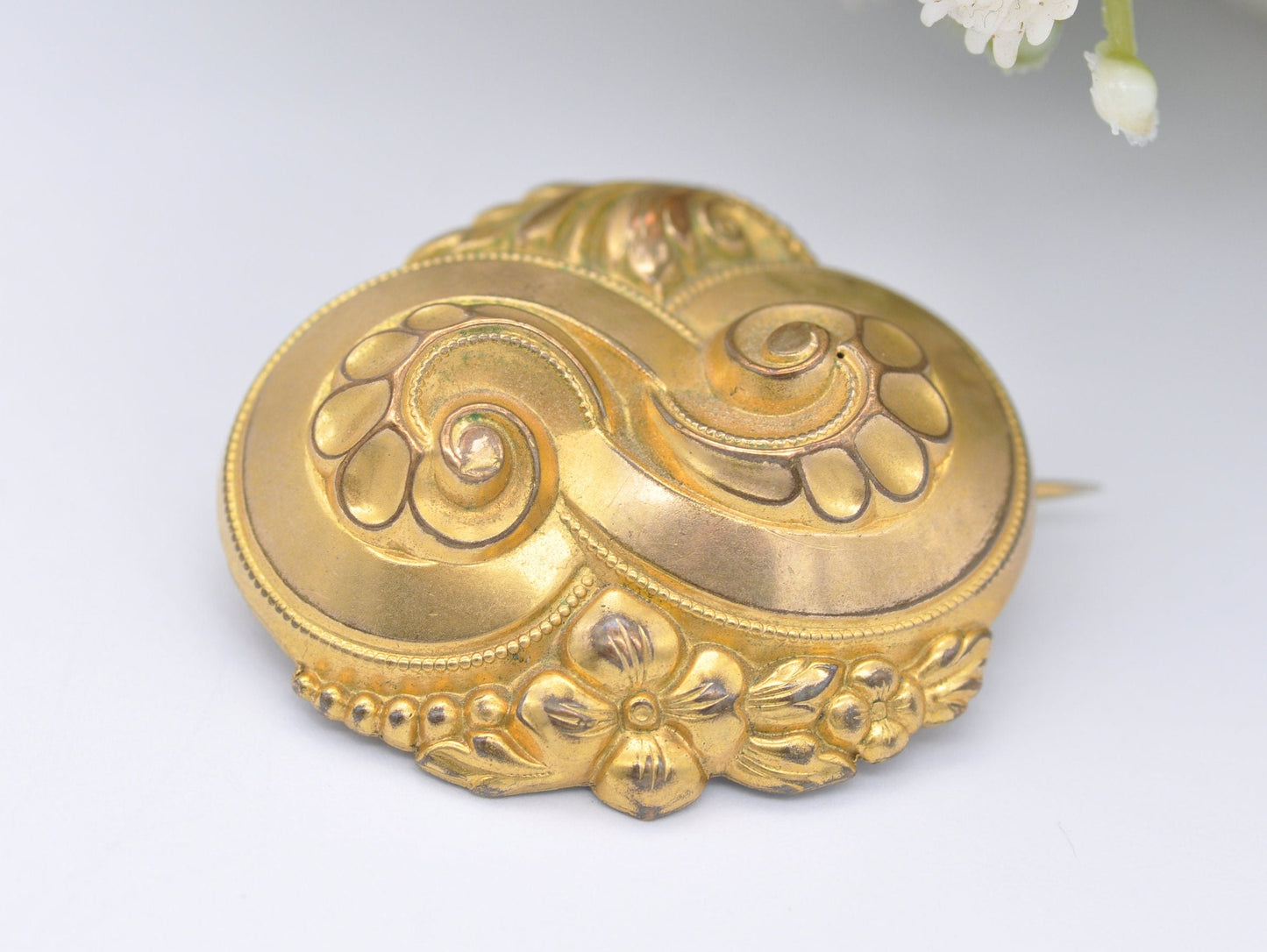 Antique Gold Gilt Aesthetic Movement Brooch - Victorian / Swirling / Interesting / Floral / Flower