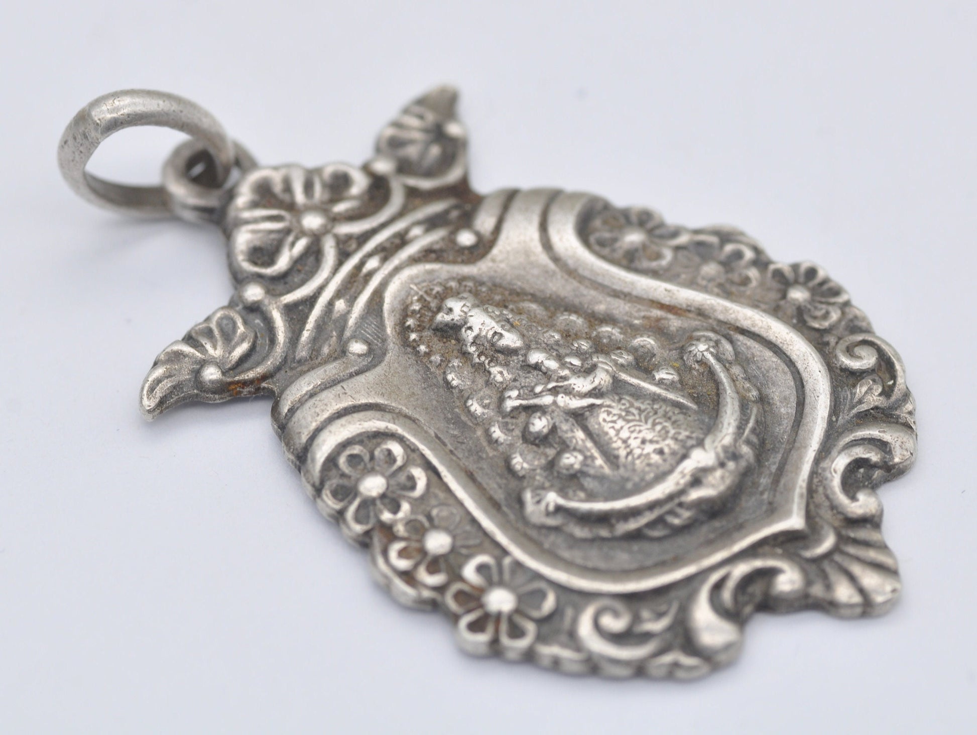 Vintage Spanish Silver Art Nouveau Virgin Mary and Baby Jesus Pendant - Floral / Detailed / Catholic / Cross / Crown / Sceptre