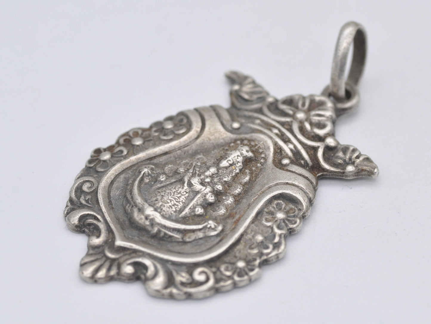 Vintage Spanish Silver Art Nouveau Virgin Mary and Baby Jesus Pendant - Floral / Detailed / Catholic / Cross / Crown / Sceptre