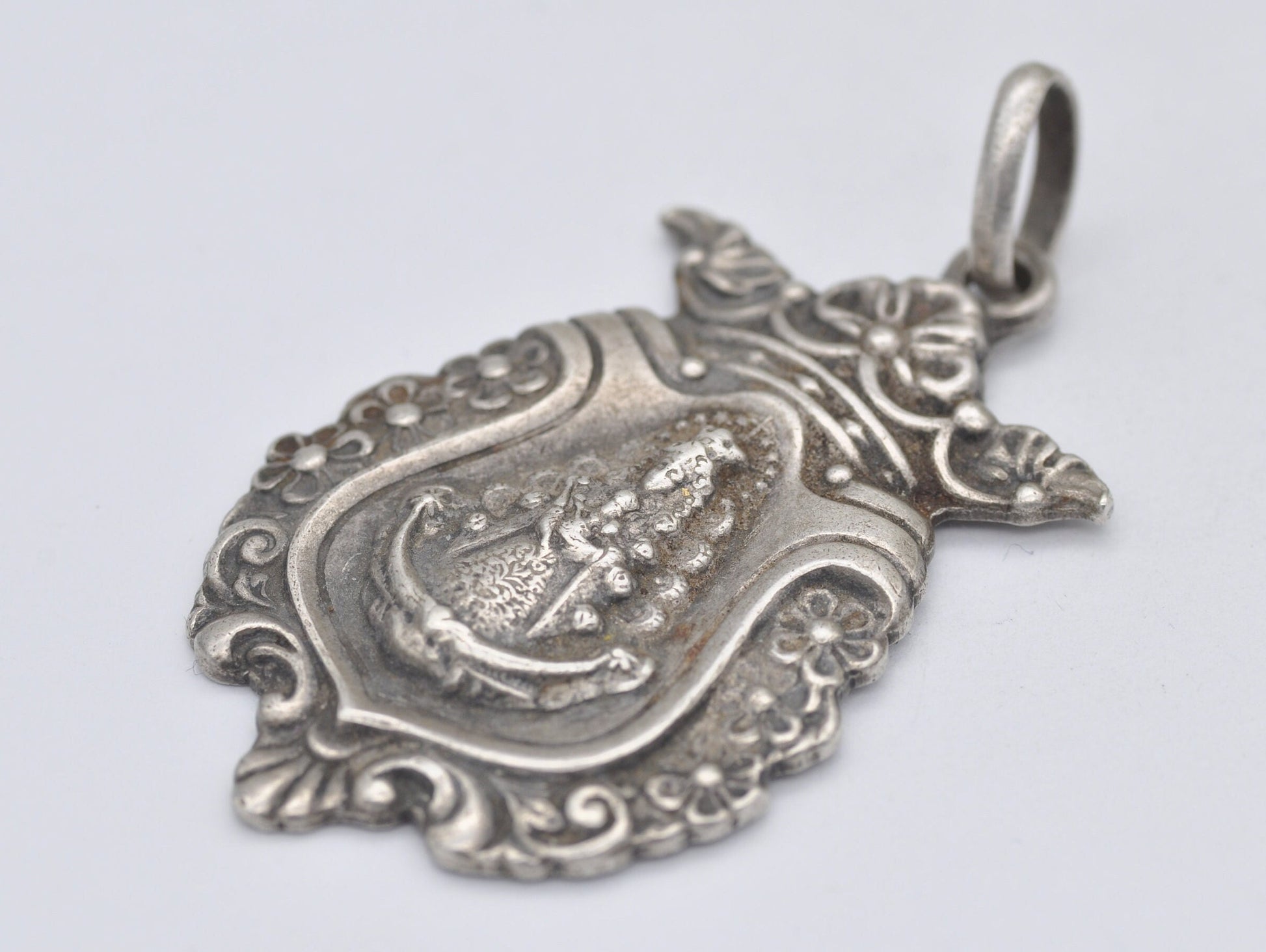 Vintage Spanish Silver Art Nouveau Virgin Mary and Baby Jesus Pendant - Floral / Detailed / Catholic / Cross / Crown / Sceptre