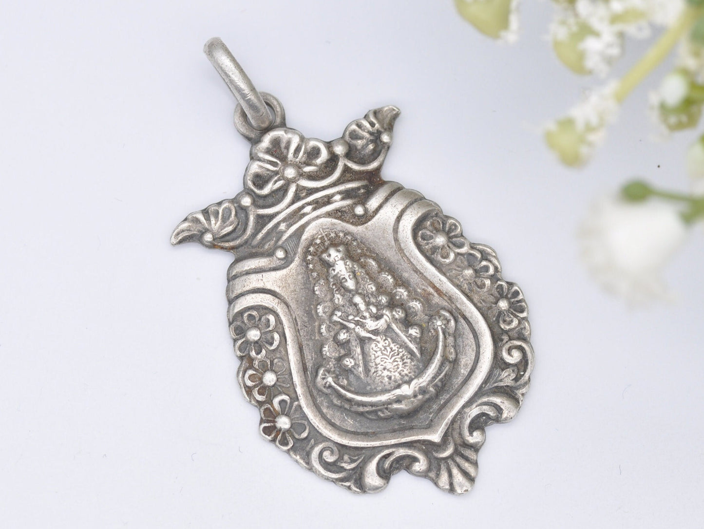 Vintage Spanish Silver Art Nouveau Virgin Mary and Baby Jesus Pendant - Floral / Detailed / Catholic / Cross / Crown / Sceptre