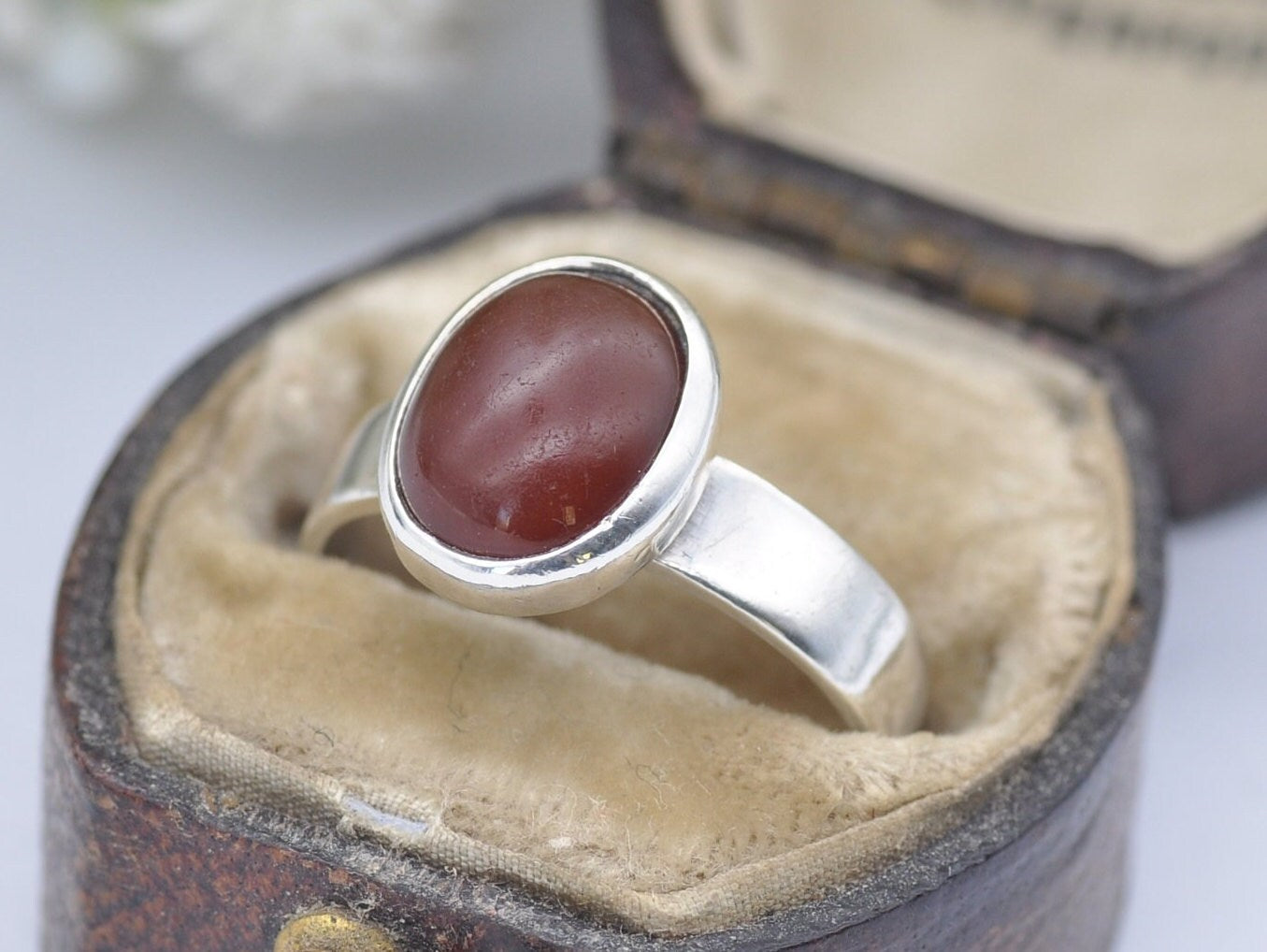 Vintage Sterling Silver & Carnelian Ring - Oval / Modernist Ring / Mid-Century / 70s / 1976 / 925 / Cabochon / UK Size - J 1/2 / US Size - 5