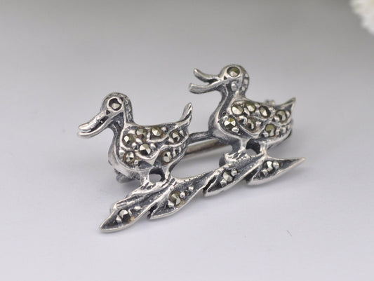 Vintage Sterling Silver and Marcasite Ducks Brooch - Ducklings | Bird | Nature | Wildlife | Nature Lover | Pin | Statement