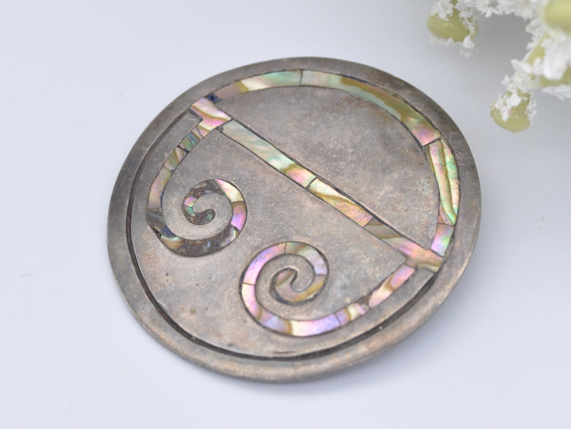 Vintage Mexican Sterling Silver Abalone Shell Brooch - Taxco | Hecho En Mexico | AAR | Antonio Reina | Circular Design