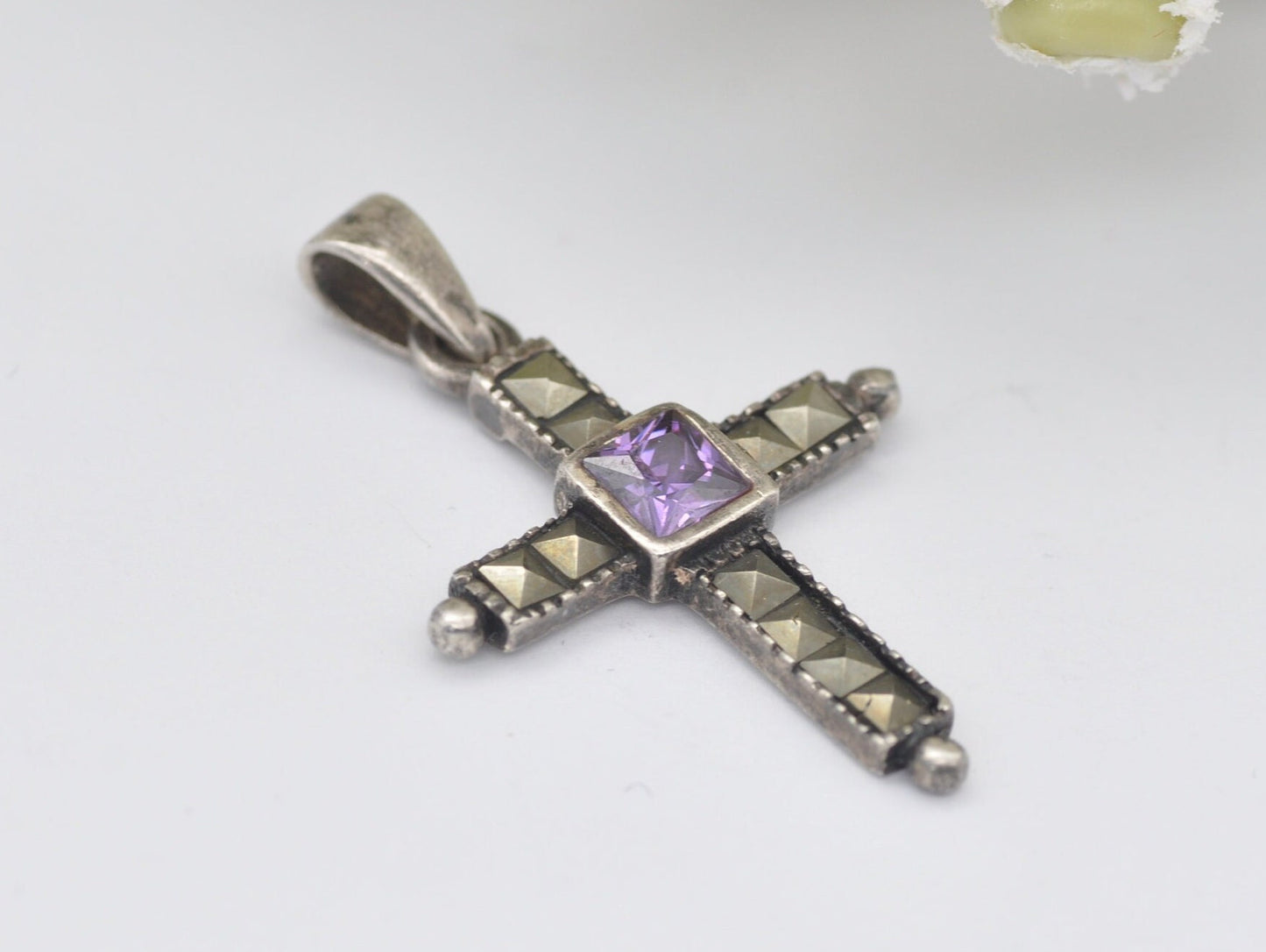 Vintage Sterling Silver, Amethyst and Marcasite Cross Pendant - Religious / Christianity / 925