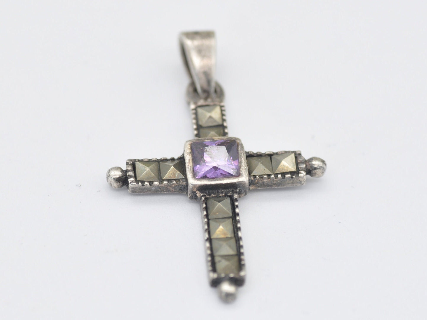 Vintage Sterling Silver, Amethyst and Marcasite Cross Pendant - Religious / Christianity / 925