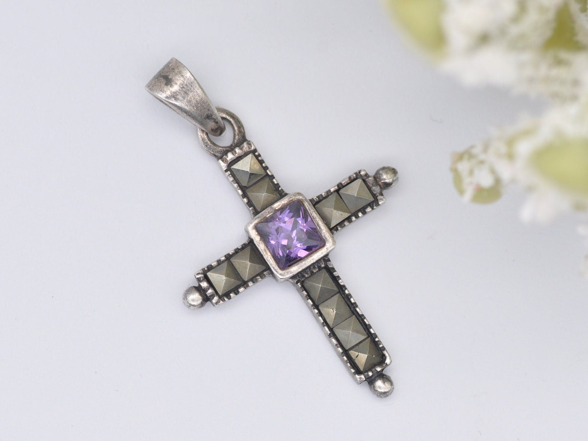 Vintage Sterling Silver, Amethyst and Marcasite Cross Pendant - Religious / Christianity / 925