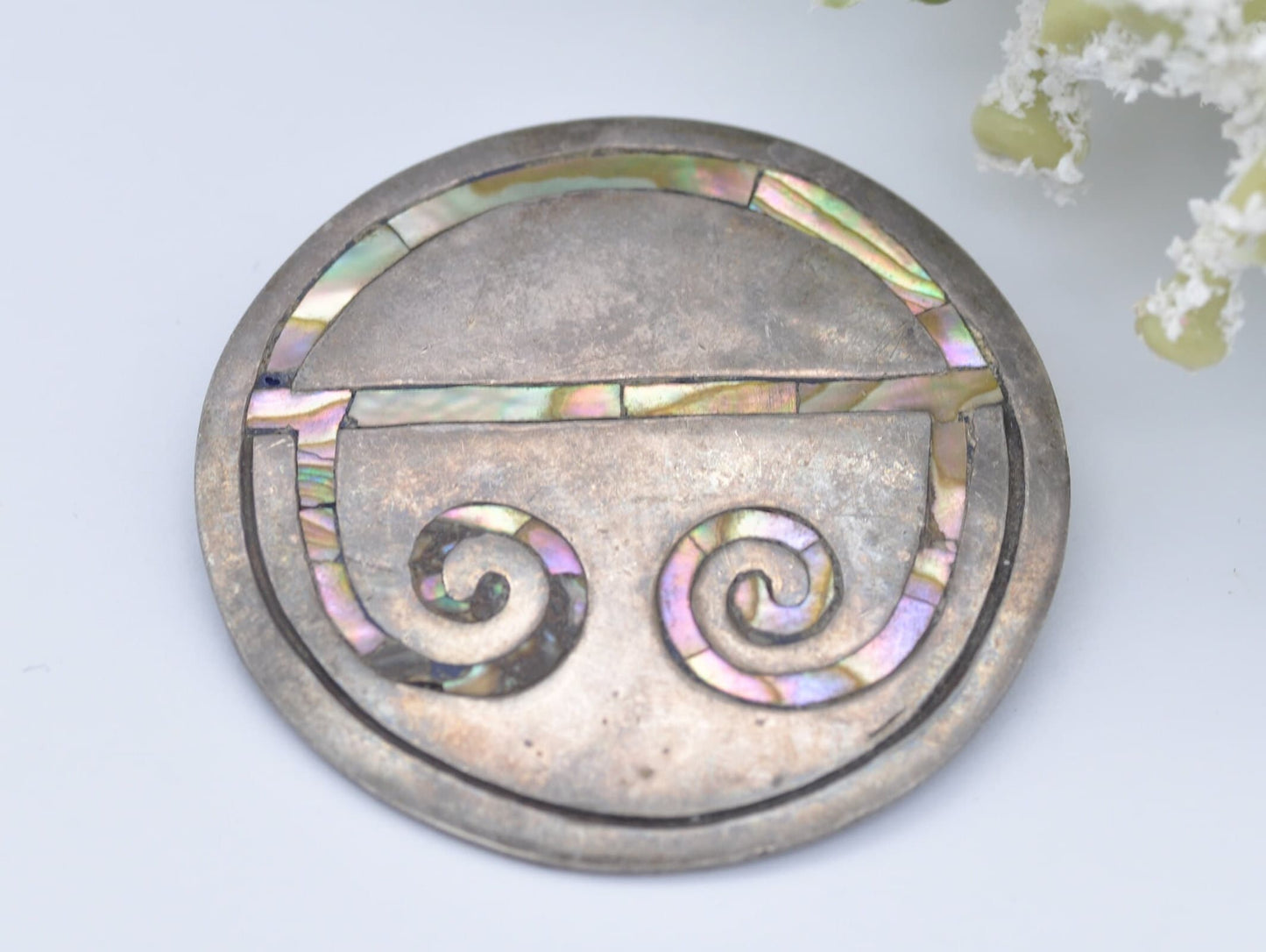 Vintage Mexican Sterling Silver Abalone Shell Brooch - Taxco | Hecho En Mexico | AAR | Antonio Reina | Circular Design