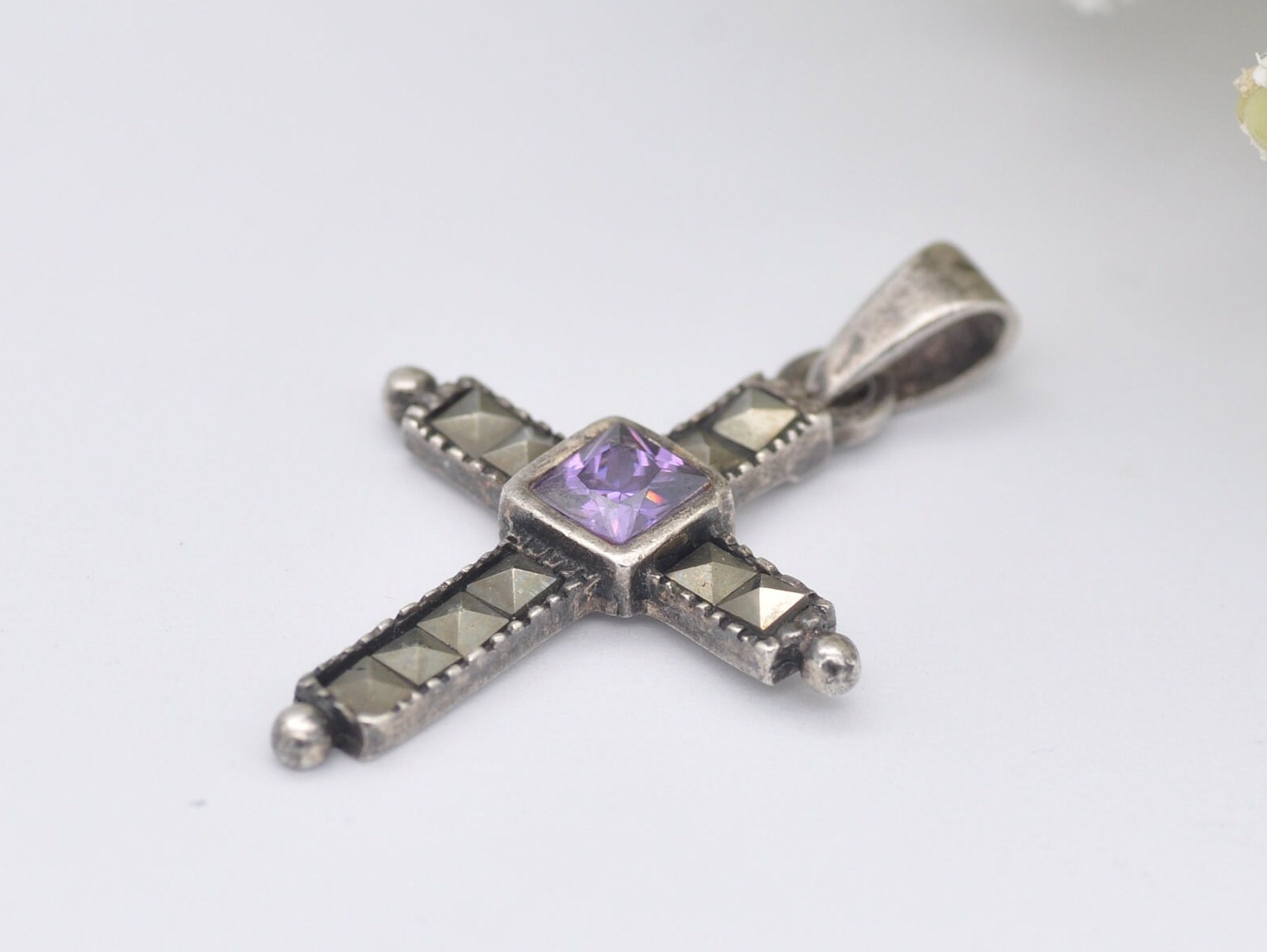 Vintage Sterling Silver, Amethyst and Marcasite Cross Pendant - Religious / Christianity / 925