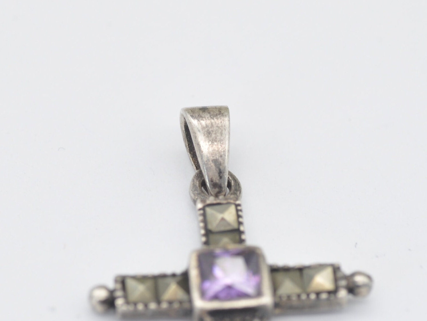 Vintage Sterling Silver, Amethyst and Marcasite Cross Pendant - Religious / Christianity / 925