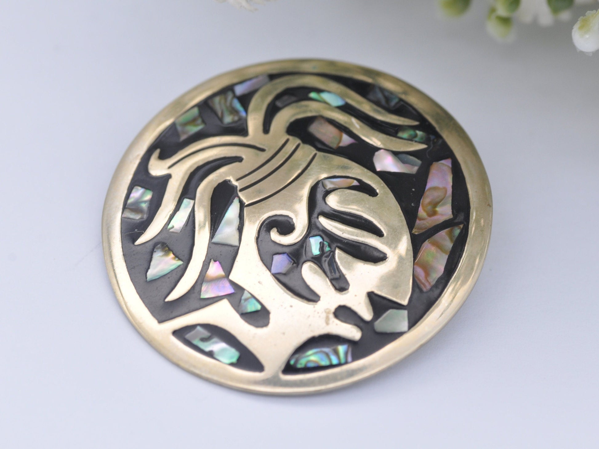 Vintage Alpaca Silver Tone and Abalone Shell Brooch