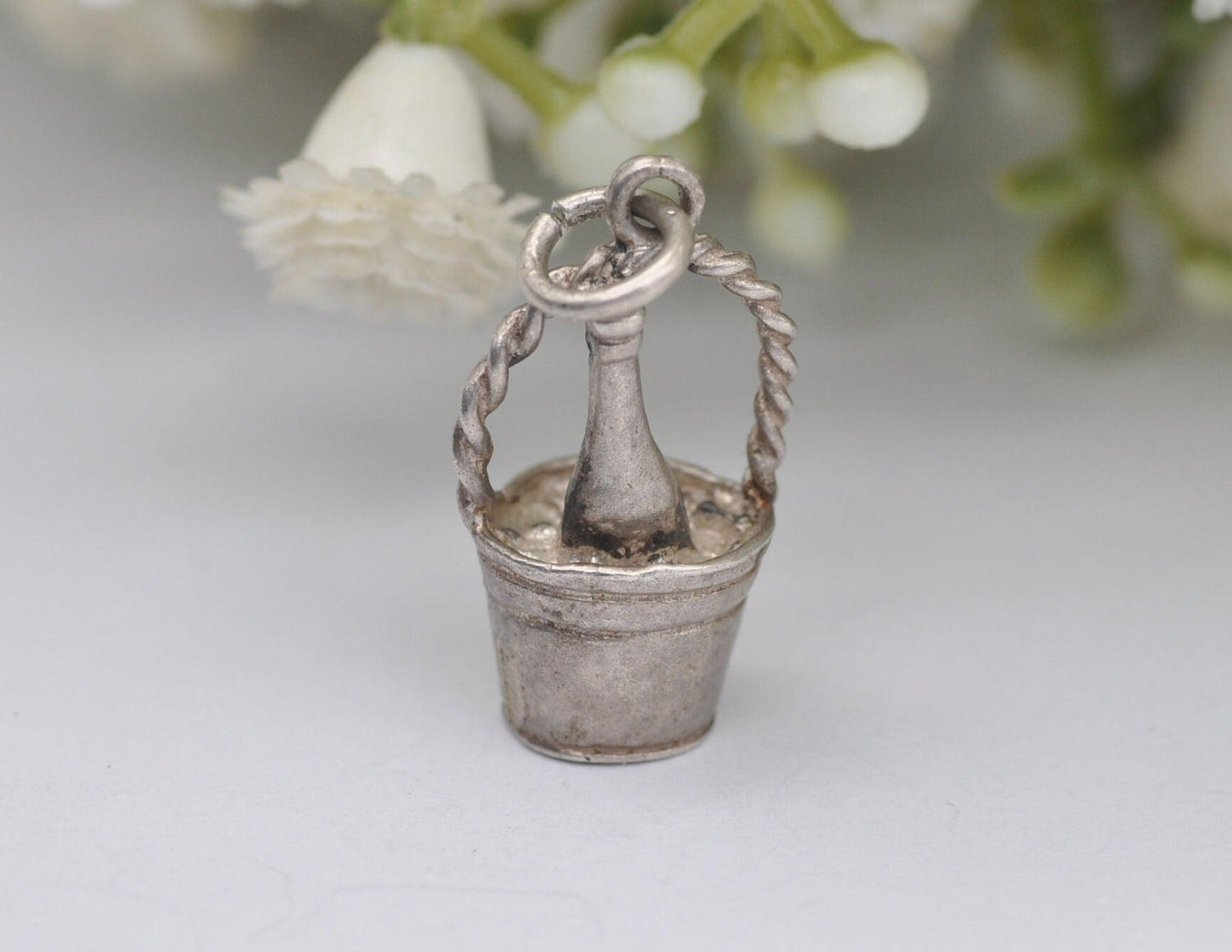 Vintage Sterling Silver Champagne Bottle in Bucket Charm / Pendant - Drinking / Alcohol / Charm Bracelet