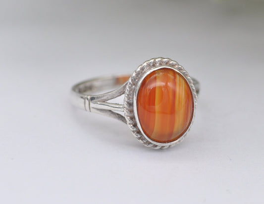 Vintage Sterling Silver and Carnelian Solitaire Ring - Statement / Circle / Rope / Detailed / Agate / Gift / UK Size - M / US Size - 6 1/4