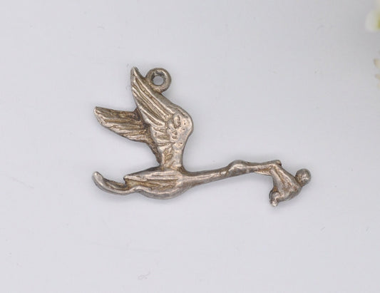 Vintage Sterling Silver Stork and Baby Charm / Pendant - Stork Carrying Baby / Bird / for Charm Bracelet