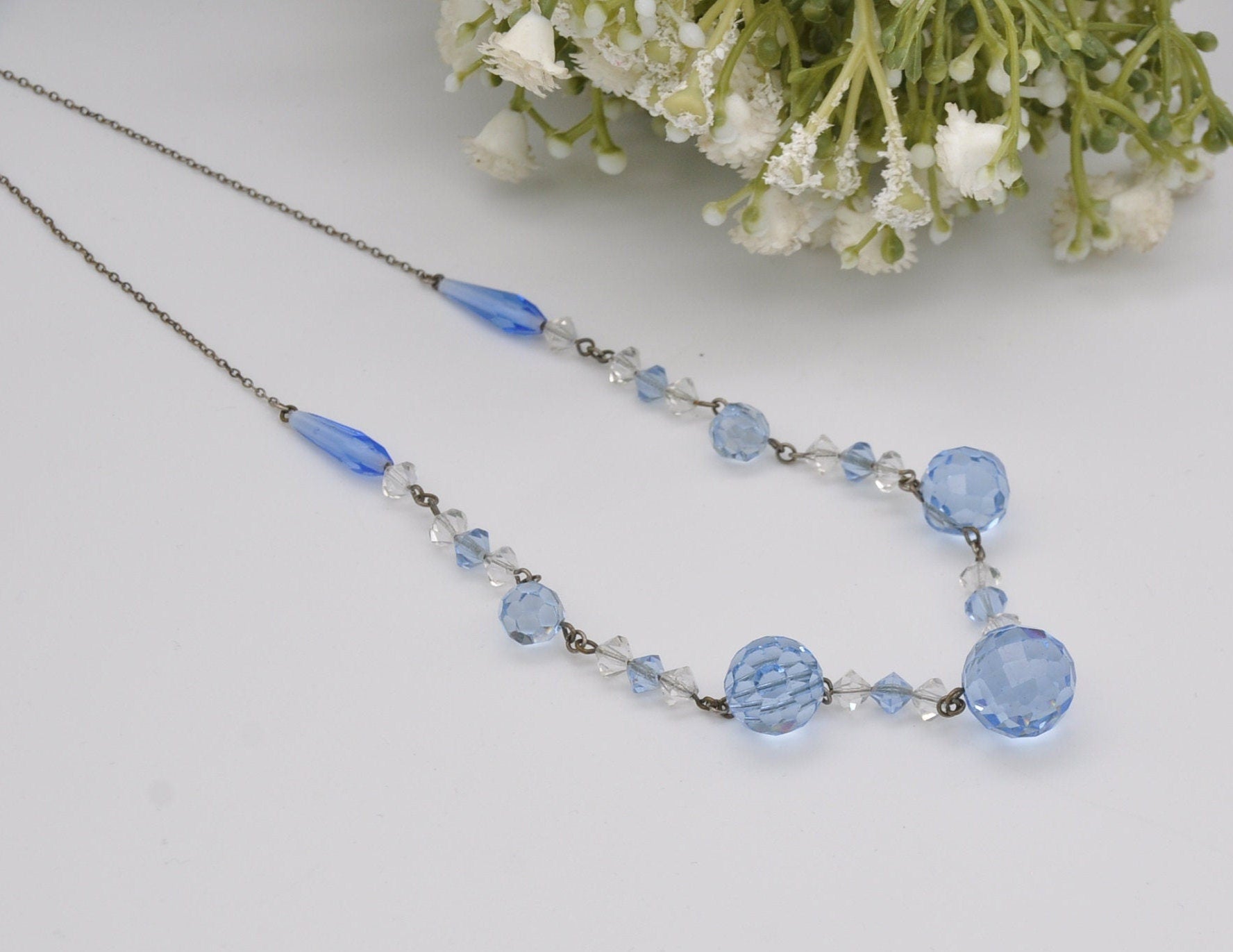 Vintage Art Deco Glass Bead Necklace - Pastel Blue / Faceted Glass Sphere / Colour / Beaded Necklace / Original Chain / Clear Spacer / Czech